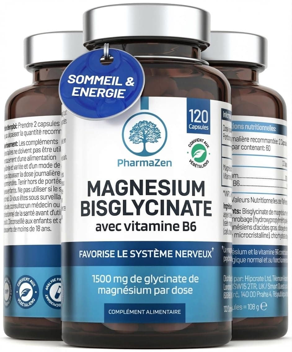 Magnésium Bisglycinate 300 mg + Vitamine B6 - Sommeil, Stress, Fatigue - Absorption Maximale - 120 Gélules Vegan - Magnesium Glycinate Haute Teneur - PharmaZen