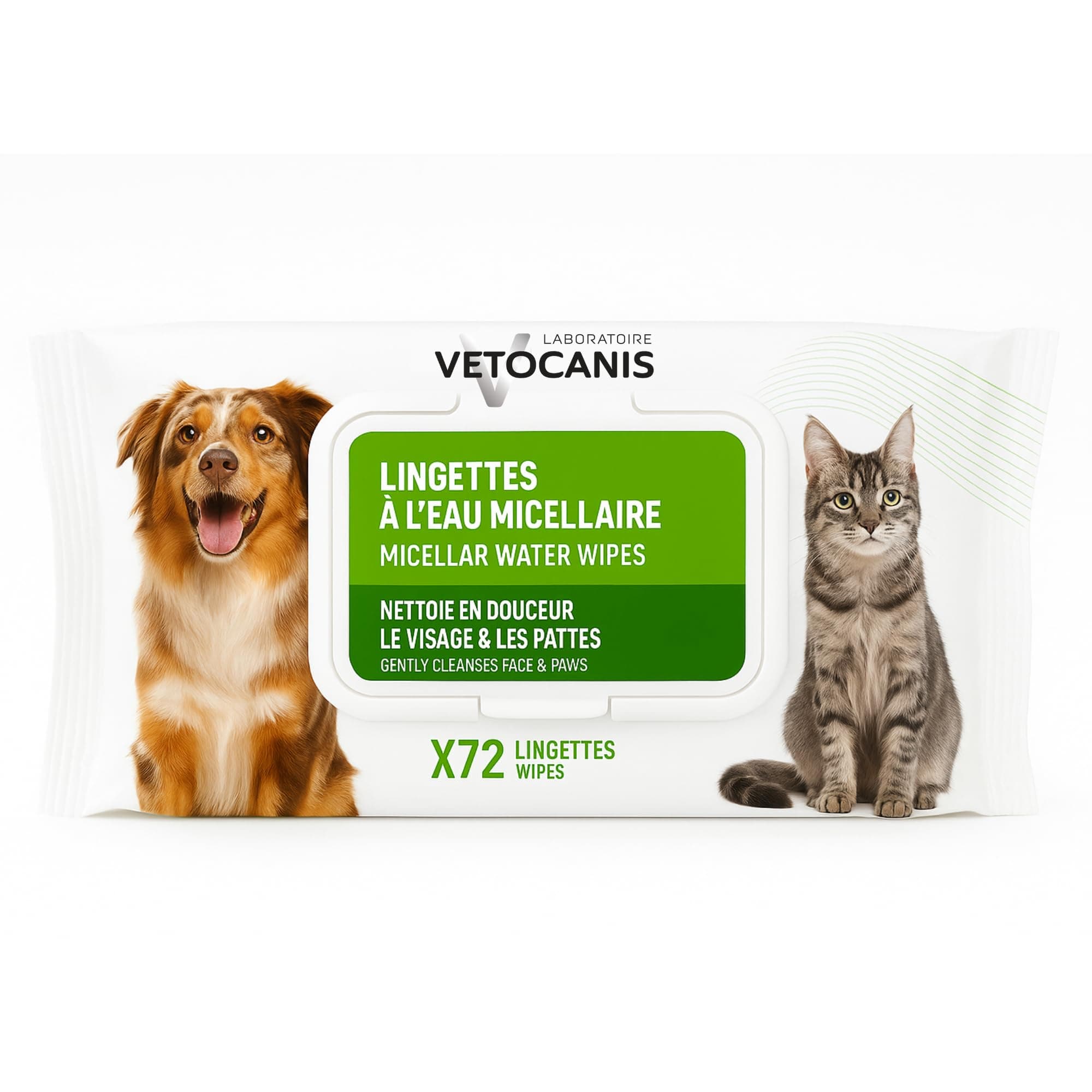 Vetocanis Lingettes Nettoyantes Chien et Chat x72 , Lingettes nettoyantes Oreilles, Yeux et Pattes de Chien et Chat Toutes Races et Tous Âges , Formule à base d'Actifs Végétaux, grand