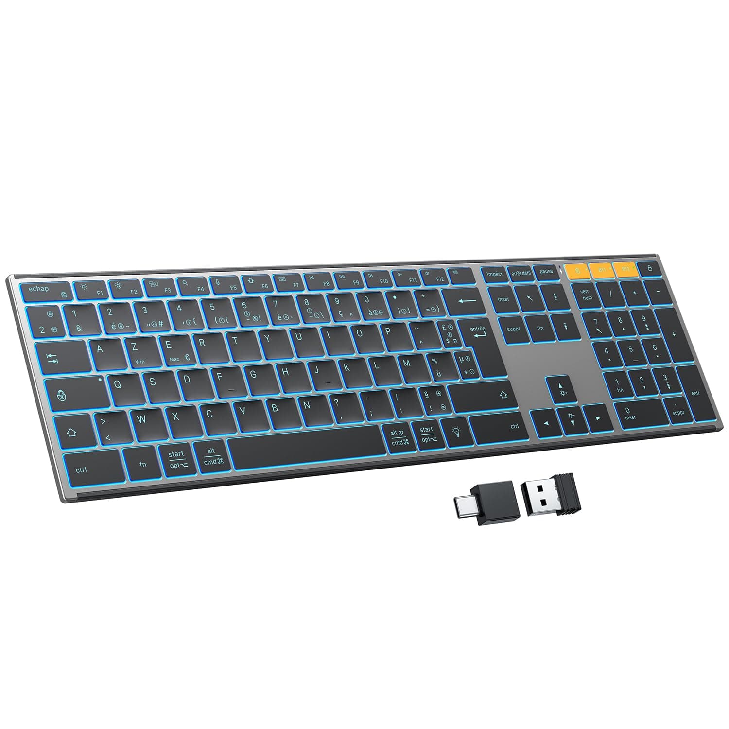 OMOTON Clavier sans Fil Métal, Bluetooth 2.4G Rétroéclairé Clavier, Rechargeable avec 2 Canaux Keyboard à Ciseaux AZERTY Français Ergonomique Silencieux pour PC/Mac/Windows (Noir)