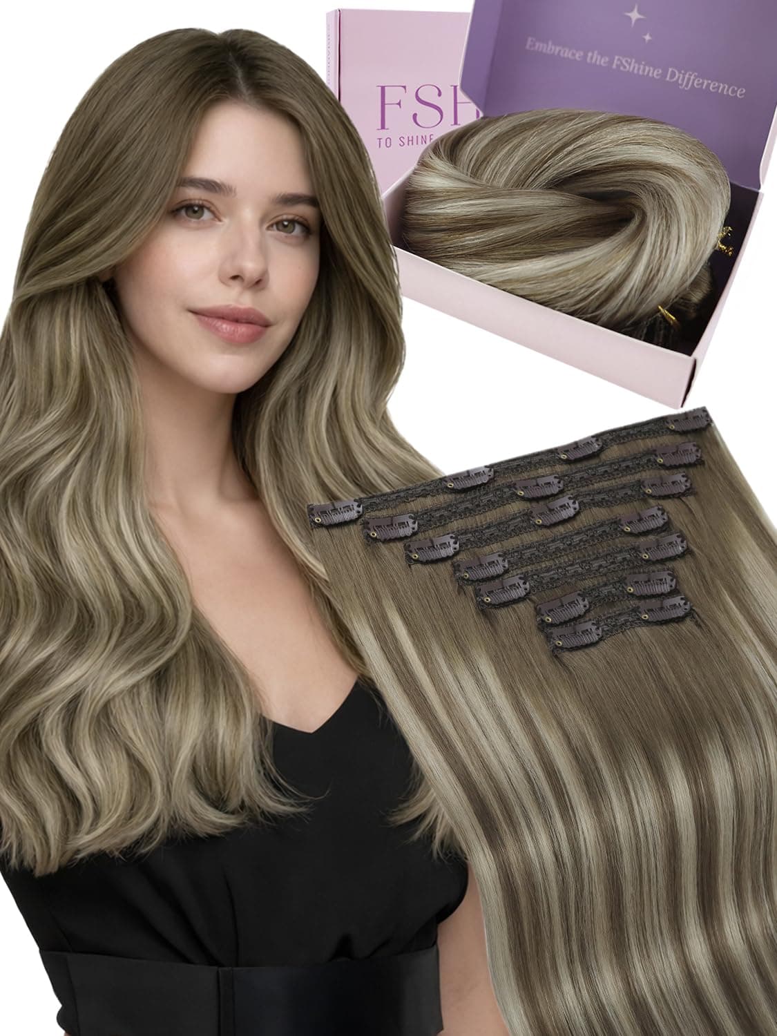 Fshine Extension per capelli con clip, per capelli lisci e marroni, 120 g, 45 cm, 7 pezzi, testa piena dritta, capelli umani, clip di estensione a clip naturale, colore 6 60 6