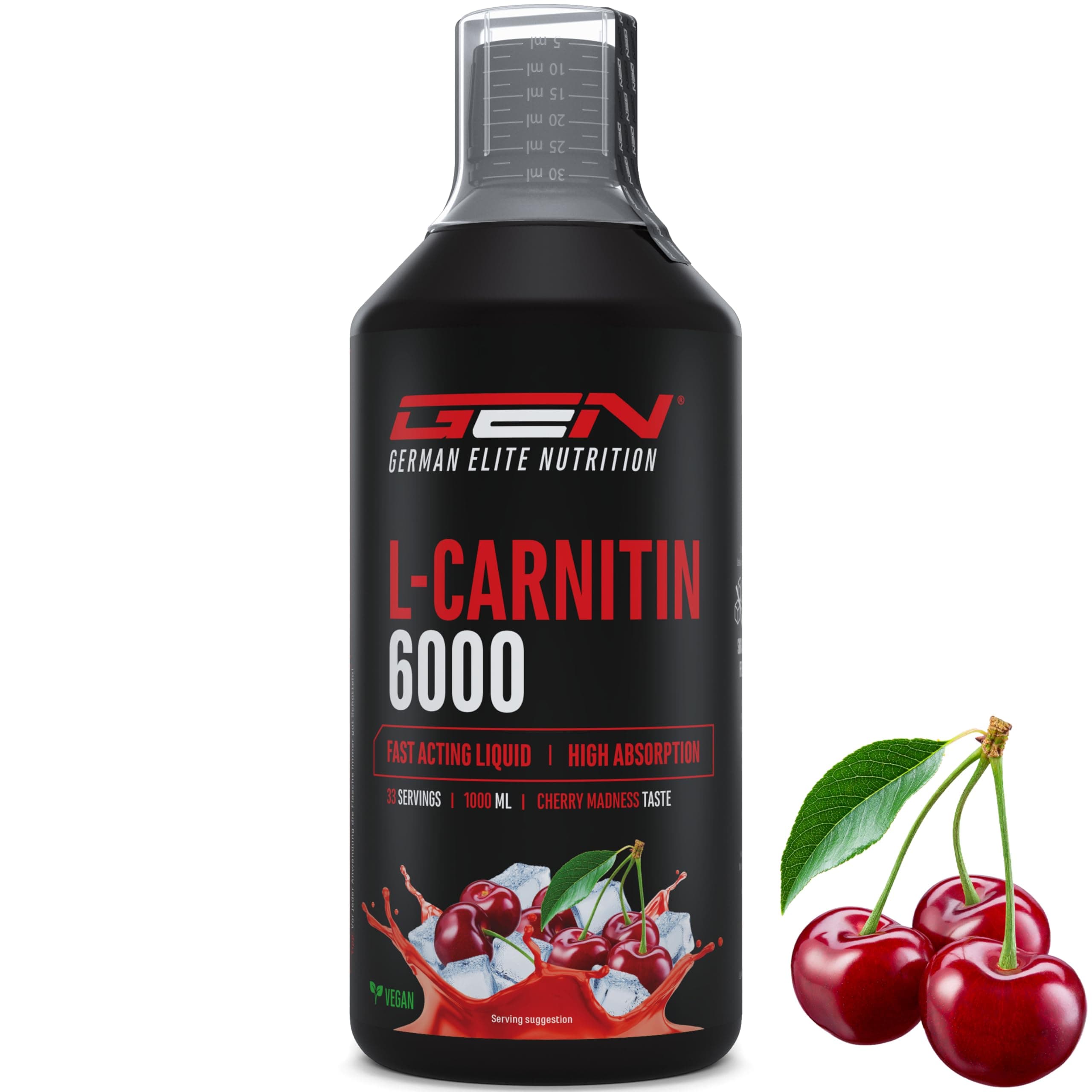 L-Carnitina 6000 Líquido - 1000 ml - Dosificación extra alta con 6000 mg de L-Carnitina pura por porción diaria - Bebida de entrenamiento de aminoácidos - Sabor delicioso (Cherry Madness)