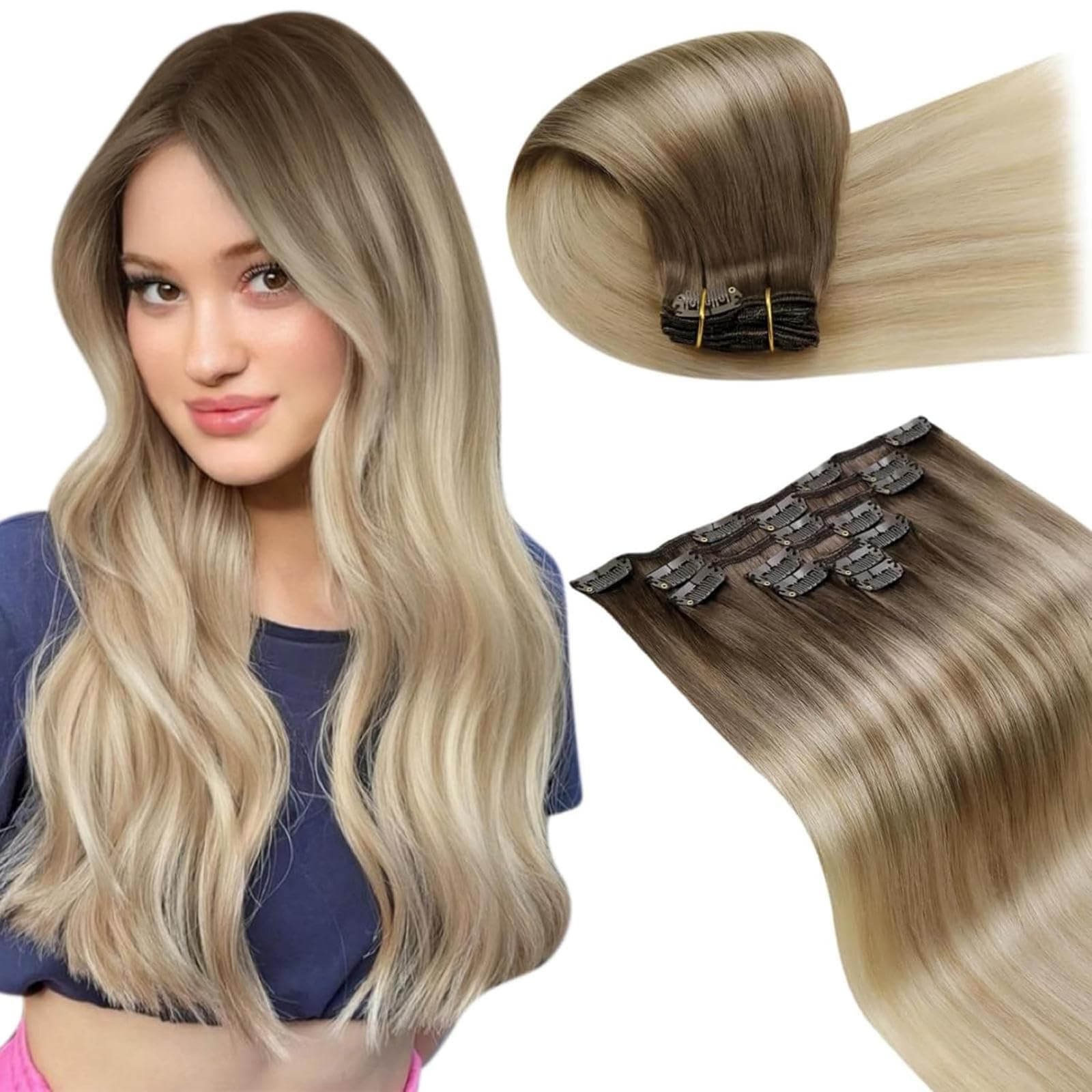 LaaVoo Extension Cheveux Naturel Clip – Balayage Marron Clair à Blond Cendré et Platine – 50cm 7pcs 120g – Volume Naturel Clip Pratique – Lisse – Longueur Généreuse – #8/18/60