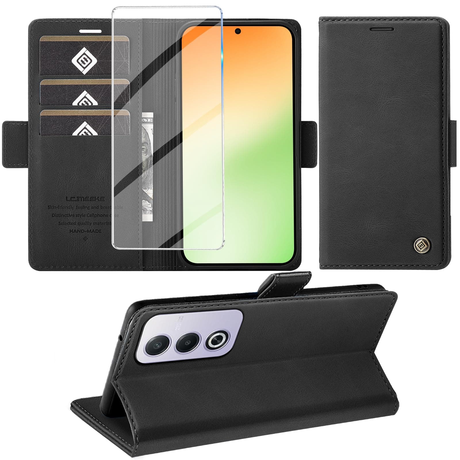 Giyer Cover per OPPO A80 Custodia con Vetro Temperato, Premium Pelle PU Portafoglio Slot per Scheda RFID Antifurto Funzione Supporto Flip Case, Antiurto per OPPO A80 5G Cover (Nero)