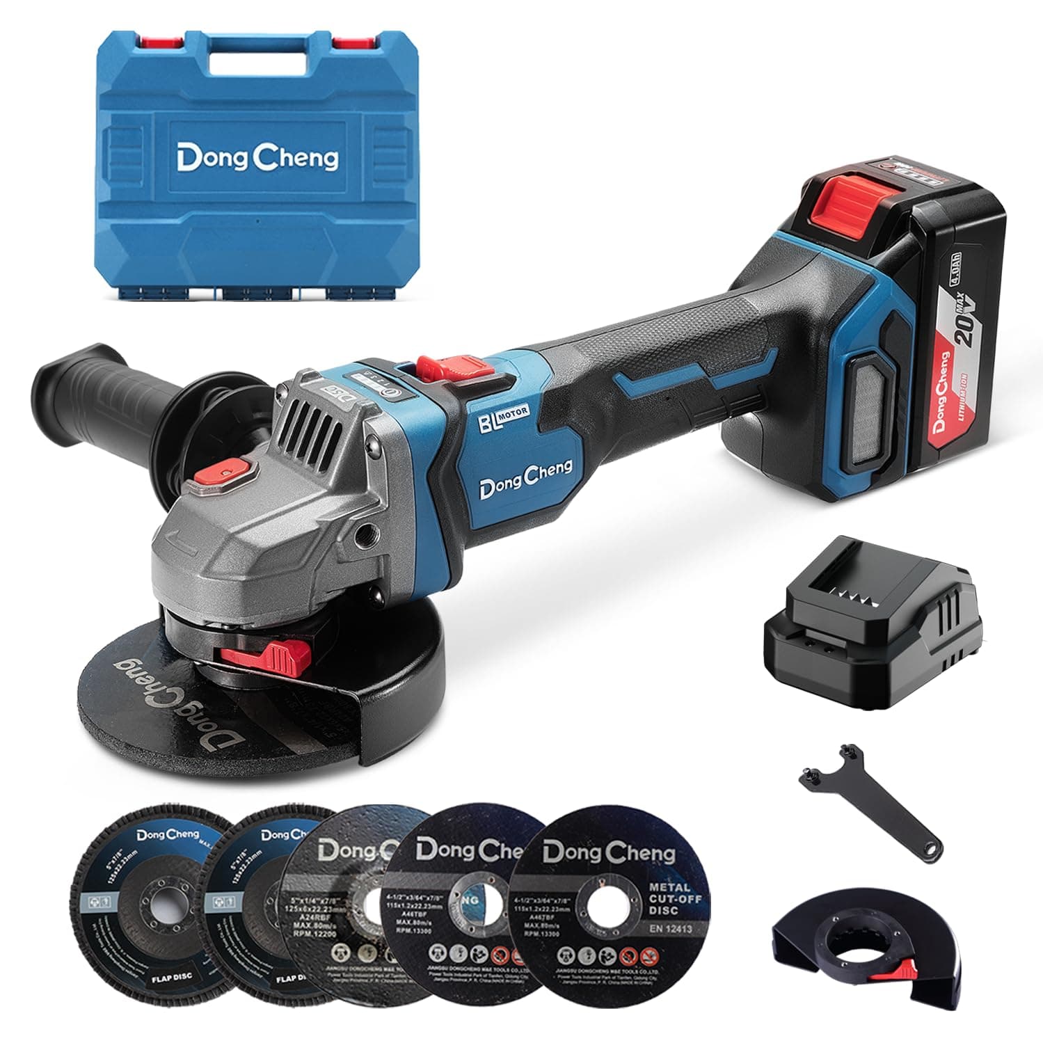 DongCheng Amoladora angular a batería 18V, Ø 125 mm, 1000W, Motor Sin Escobillas, 3 Velocidades, Bloqueo de Spindle Rápido, Mango Anti-Vibración, Incluye 6 Discos, Batería 4.0Ah & Cargador