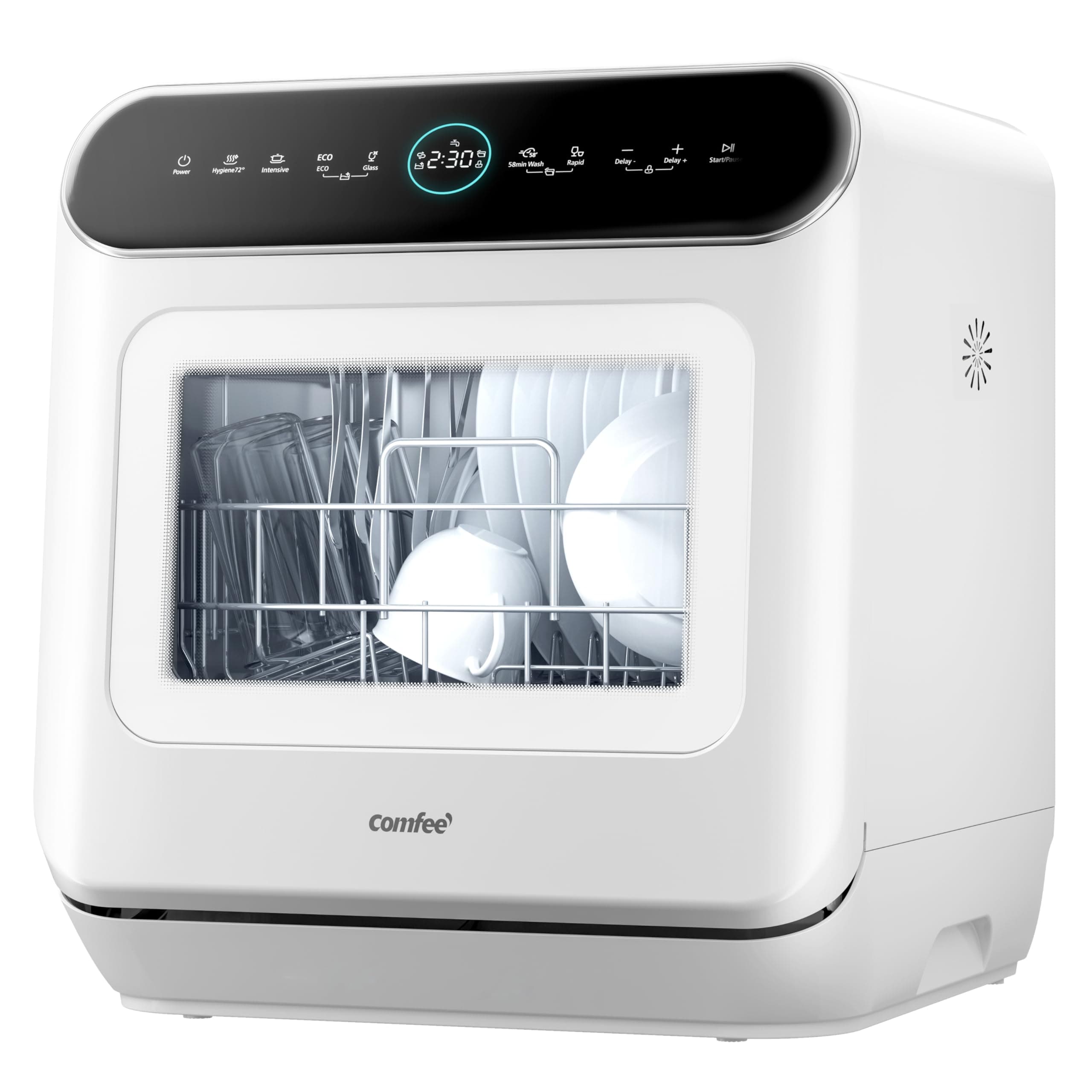 COMFEE' MFD42S110W-IT Lave-vaisselle autonome avec 3 places, 7 programmes, commande tactile, écran LED, démarrage différé et fonction de lavage hors saison, blanc