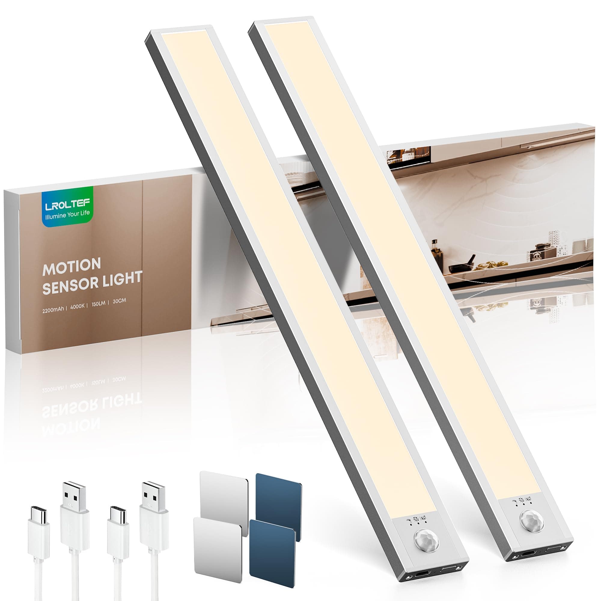 LROLTEF Luz Led Armario Cocina con Sensor de Movimiento Interior 30CM 2200mAh 4000K 48 LED Lampara Luces Mueble Recargable sin Cables Inteligente Lamp Nocturna para Gabinete Escalera Pasillo 2 Piezas