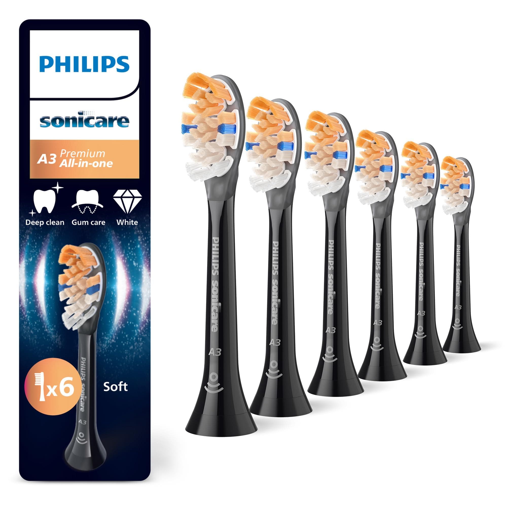 Philips Sonicare A3 Premium All-in-One, Original Ersatzbürstenköpfe, Schwarz, 6er-Pack, HX9096/88