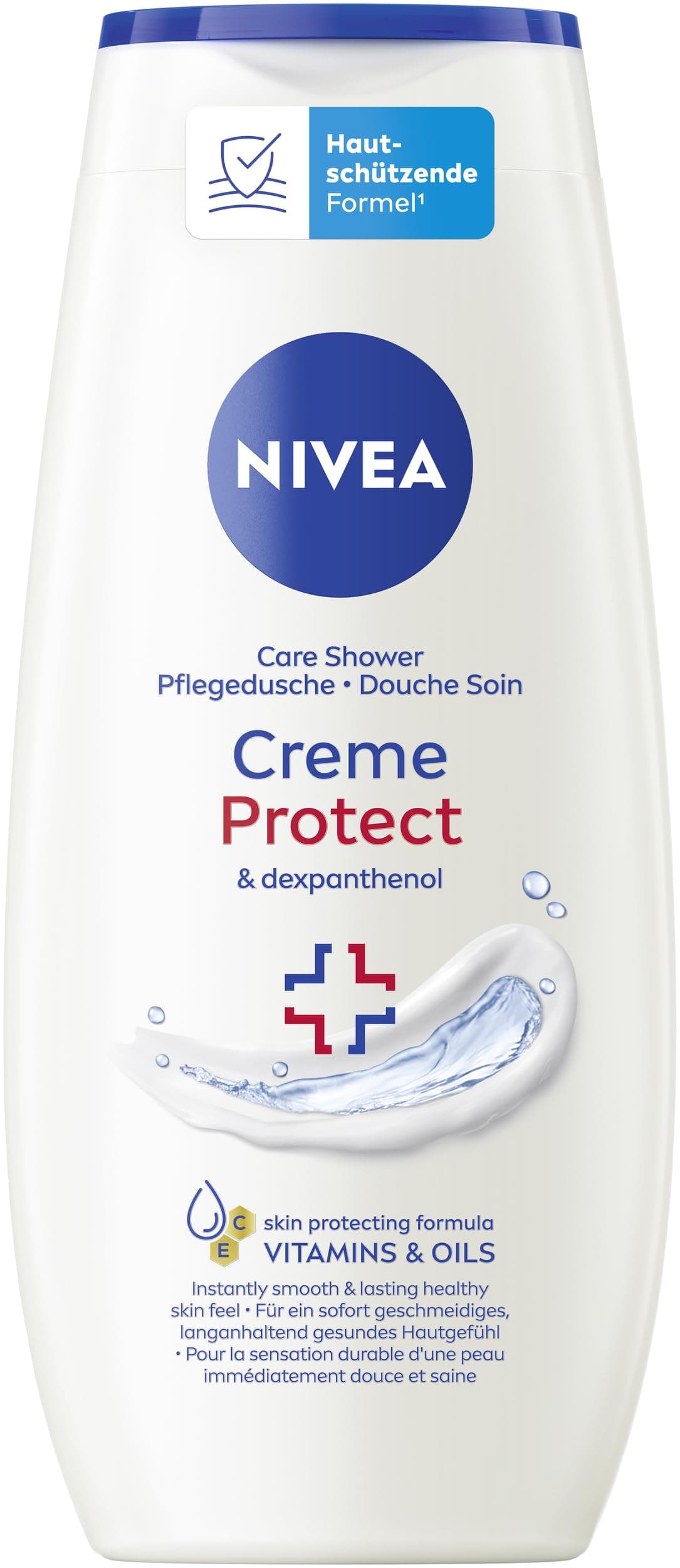 NIVEA Creme Protect & Dexpanthenol Pflegedusche, Duschgel mit Vitaminen und Ölen, seifenfreie Cremedusche mit Dexpanthenol für trockene und empfindliche Haut (250 ml)