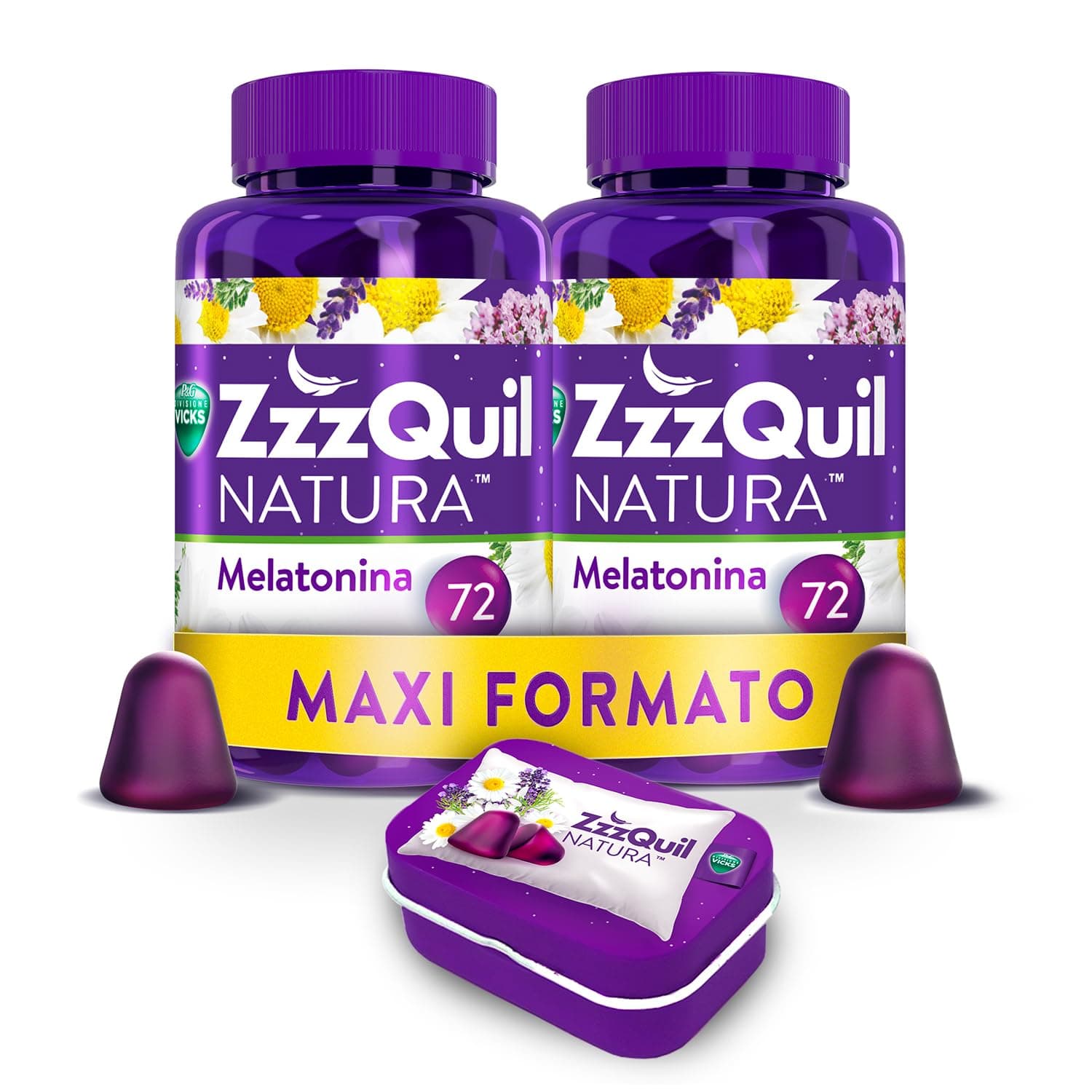 ZzzQuil Natura Integratore con Melatonina pura ed Estratti Di Valeriana Per Dormire, Camomilla e Lavanda, Maxi Formato Frutti Di Bosco 2x72 Gommose + Travel Case Viola