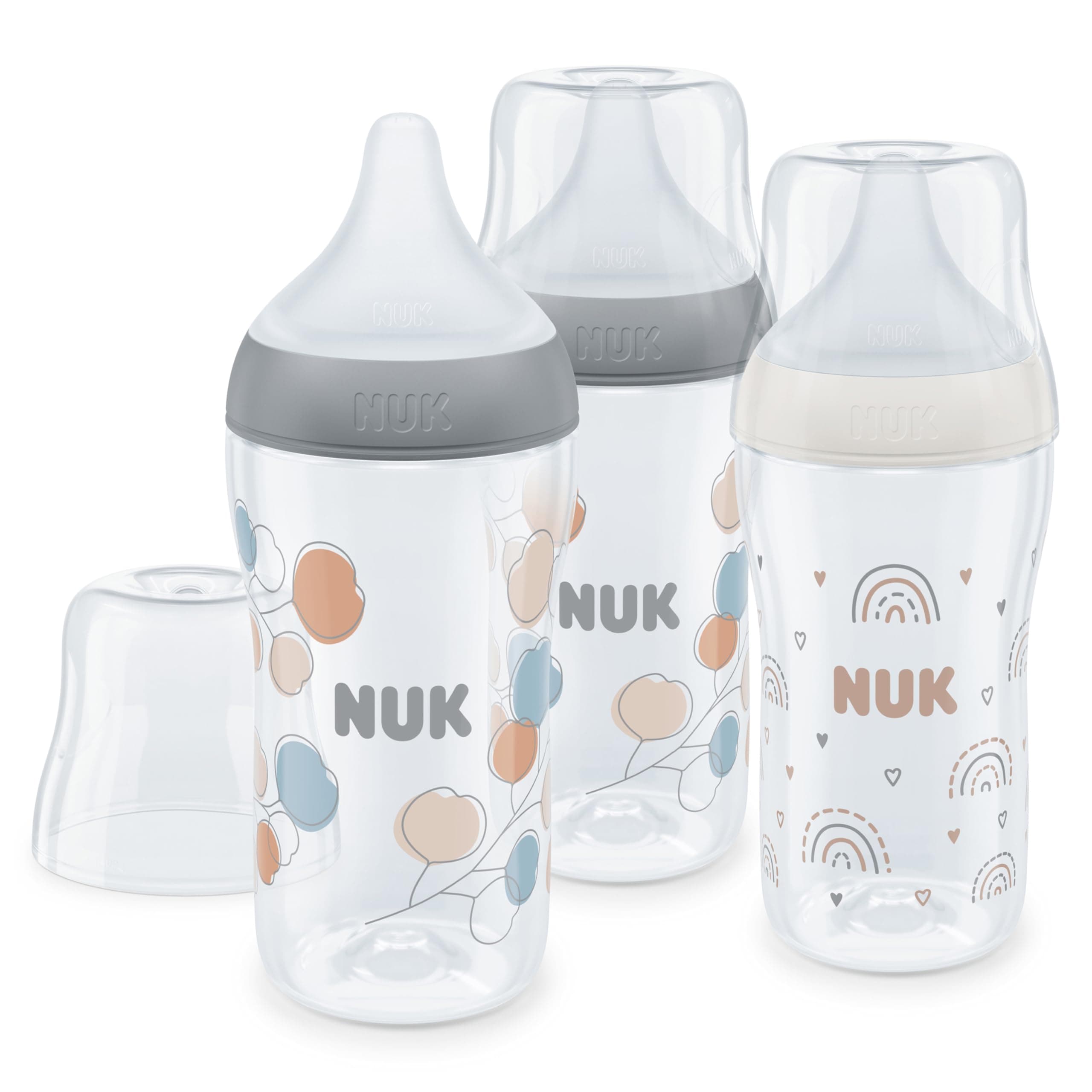 NUK Perfect Match Set de biberones | +3 meses | Se adapta al paladar | Control de temperatura | Ventilación anticólico | 260 ml | Sin BPA | Tetina de silicona mediana | Arcoíris y Ramita | 3 uds.