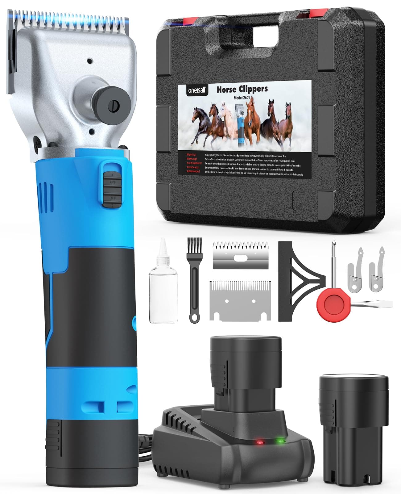 oneisall Maquina pelar Caballos de 2 Bateria, Profi Esquiladora Caballos para Pelo Grueso y Enmarañado, Maquina esquilar Caballos con motor potente de 2400 PRM/MIN, Apto para todo el cuerpo (Azul)