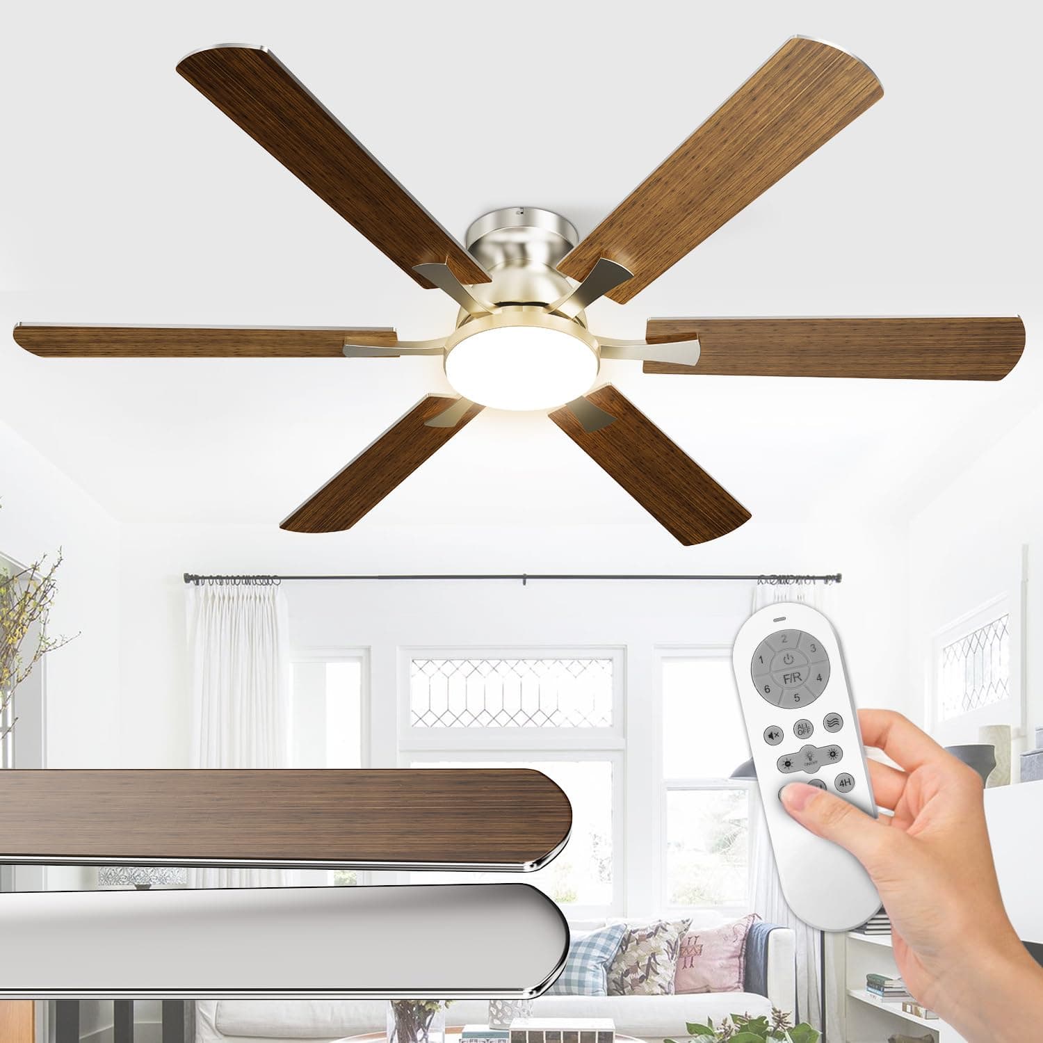 Airwit 132cm Grande Ventilador de Techo con Luz Doble Cara Aspas, Silencioso Ventilador Techo LED con Mando a Distancia y Reversible Motor DC para Dormitorio Salon (Madera Oscura/Plateado-Techo)