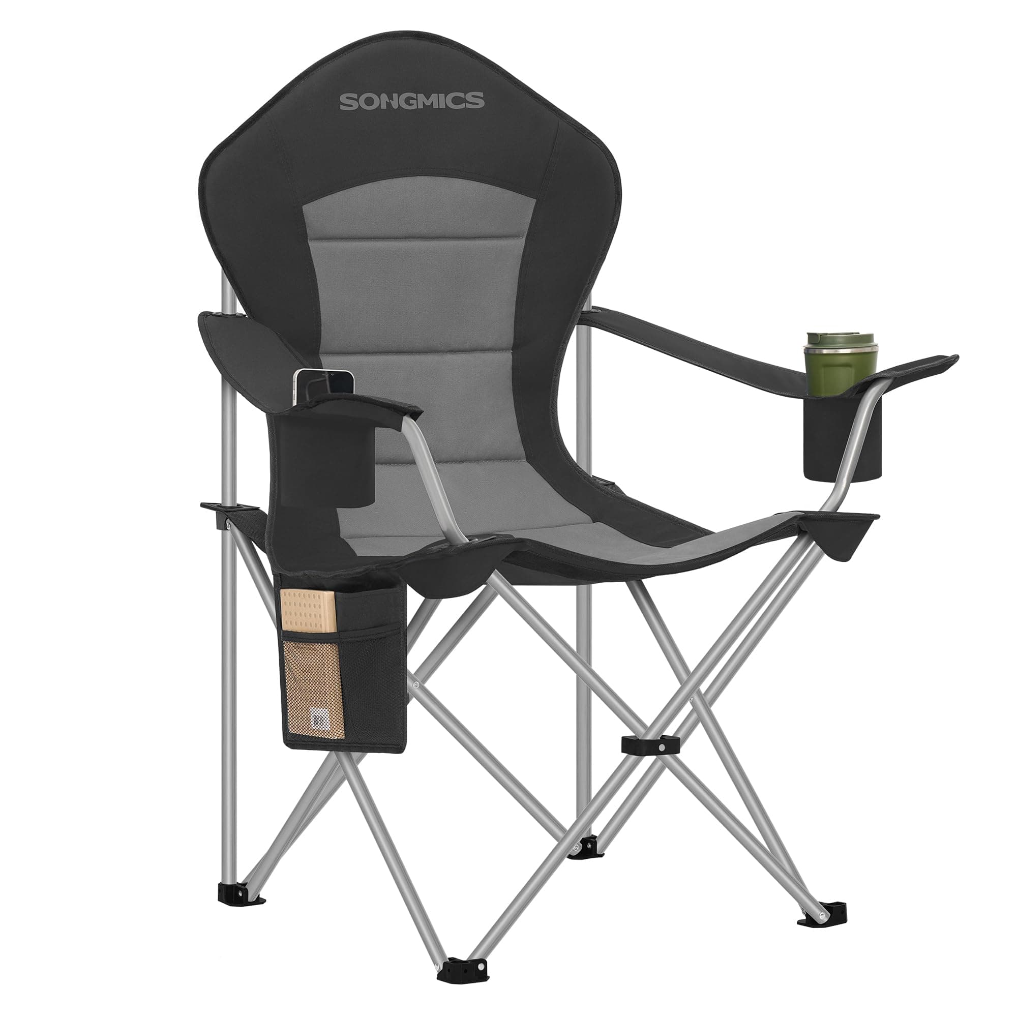 SONGMICS Campingstuhl, klappbar, Klappstuhl, breiter Sitz, hohe Rückenlehne, Outdoor-Stuhl, tragbar, Outdoor-Stuhl, mit Getränkehalter, Handyhalter, Stoff-Organizer, schwarz-grau GCB005BH01