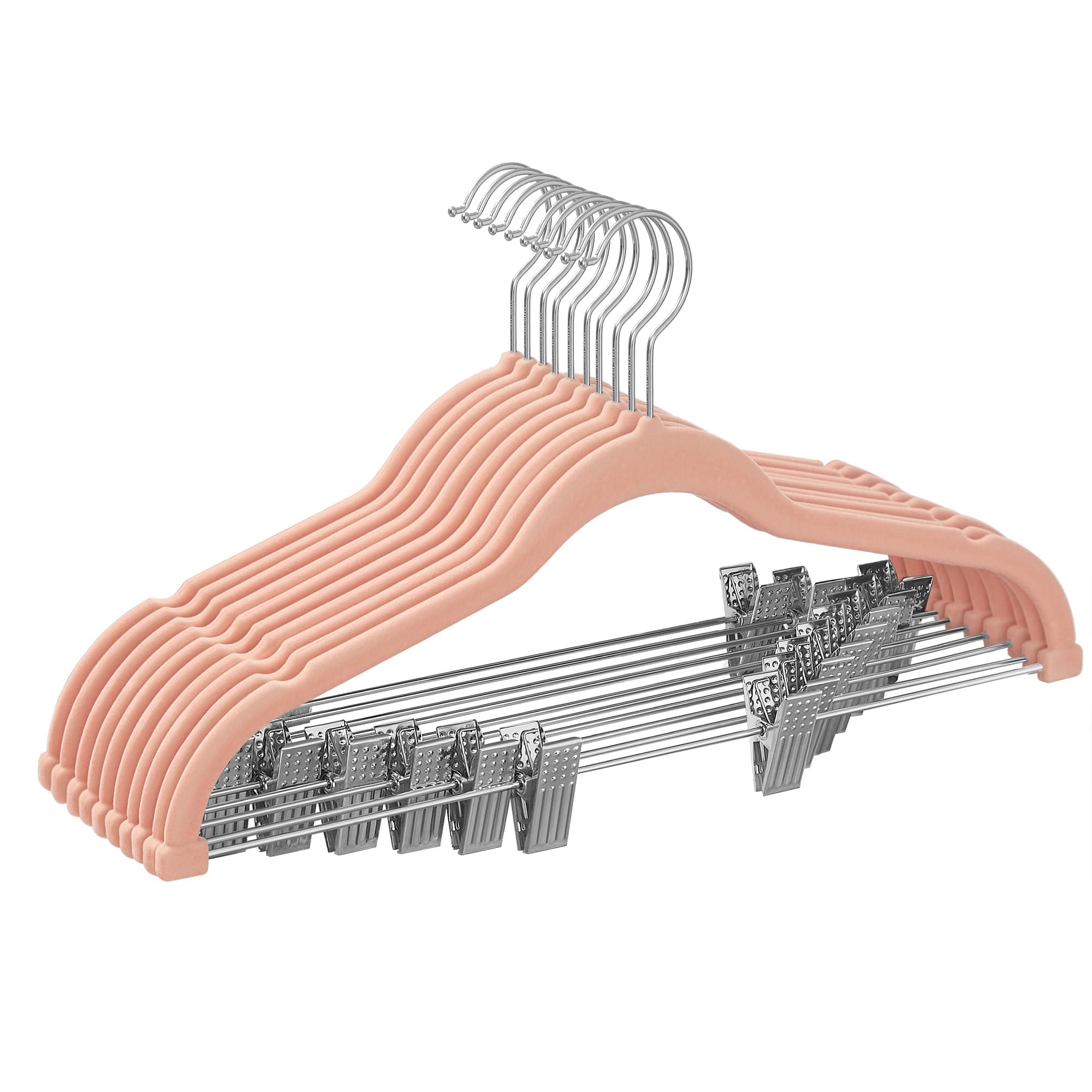 SONGMICS Perchas para Pantalones, 10 Perchas de Terciopelo, 42,5 cm de Largo, con Clips Ajustables, Antideslizantes, Ahorra Espacio, para Pantalones, Abrigos, Vestidos, Rosa Claro CRF012R10