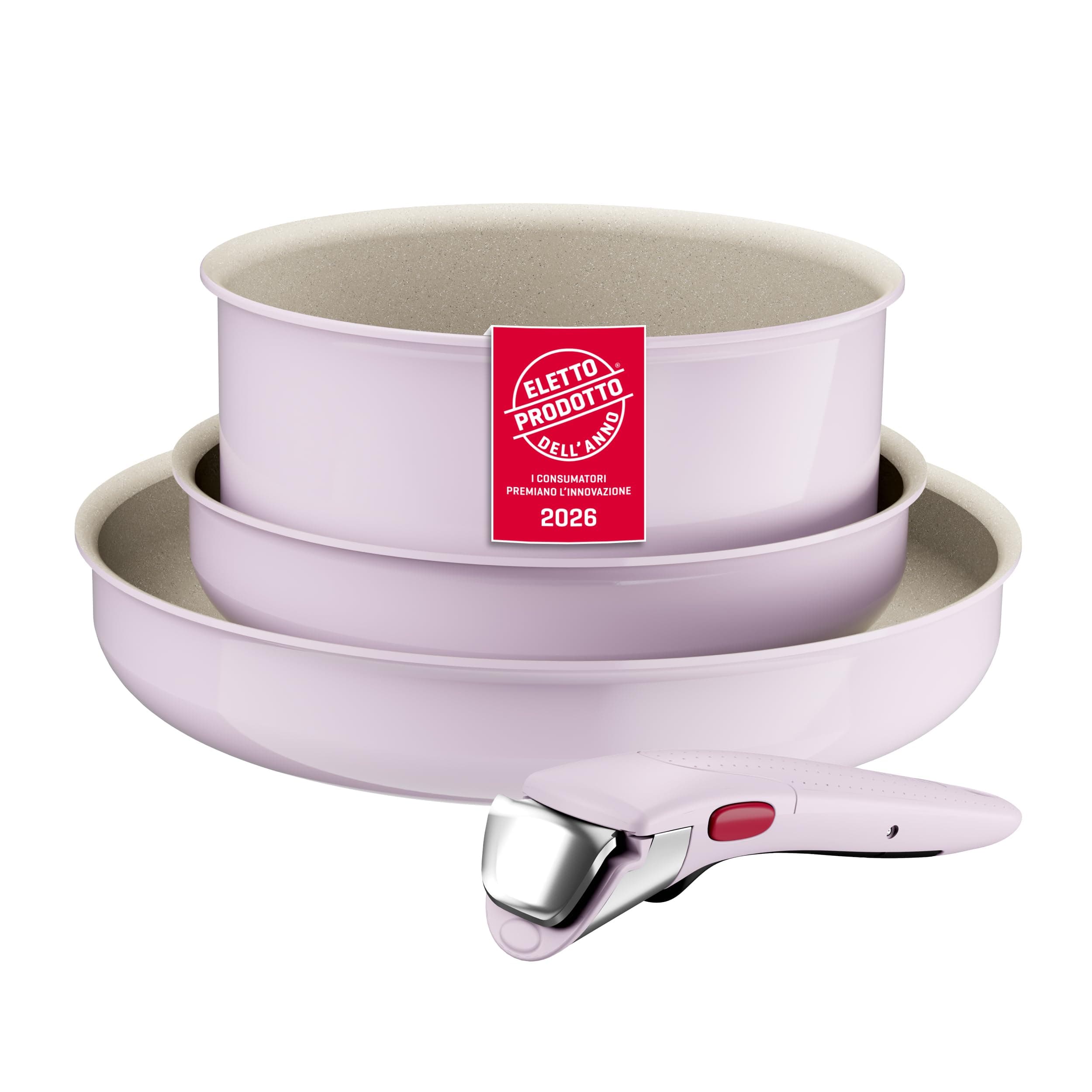 Lagostina Ingenio Pastel, Set di Padelle Antiaderenti 4 Pezzi con Manico Rimovibile, Compatibili con Induzione e Forno, Design Salvaspazio, Colore Rosa