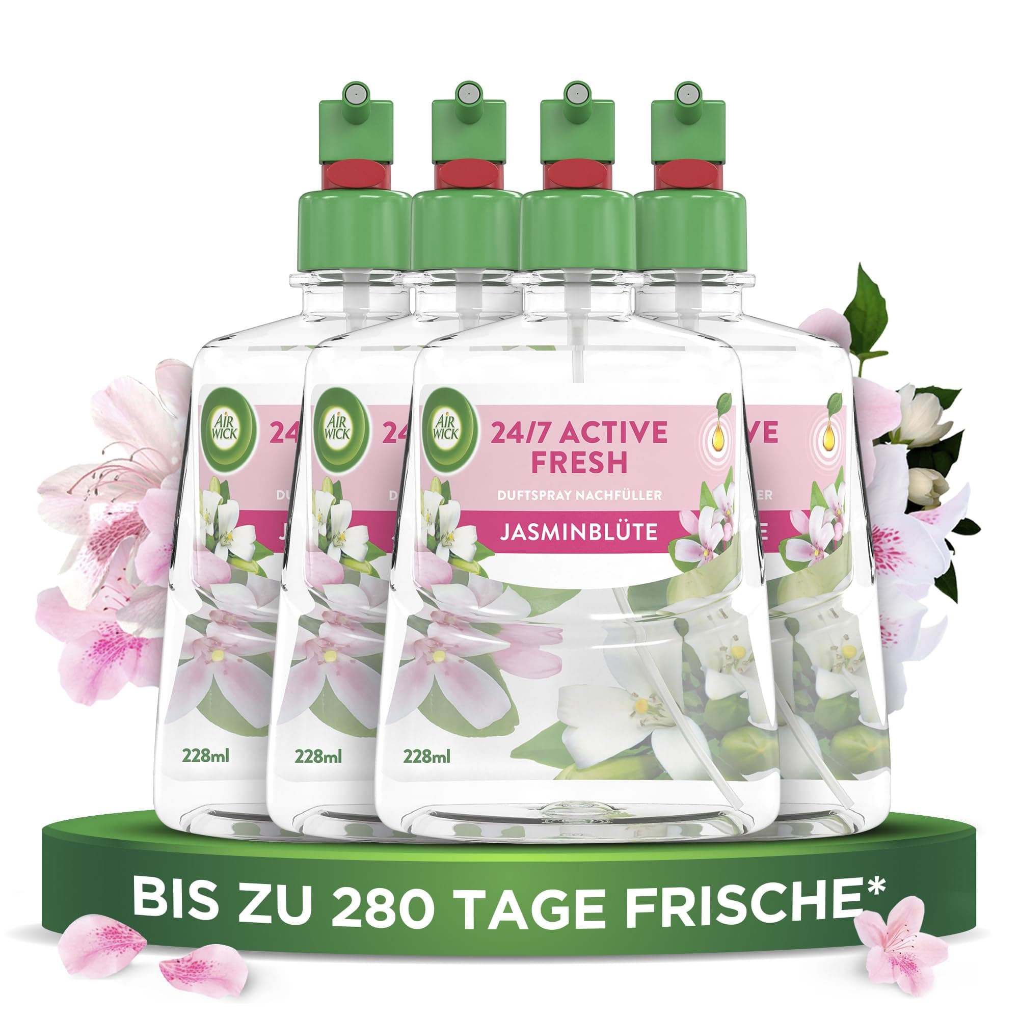Air Wick Active Fresh – Wasserbasierter, automatischer Lufterfrischer – Raumduft Jasminblüte – 4 x 228 ml Nachfüller