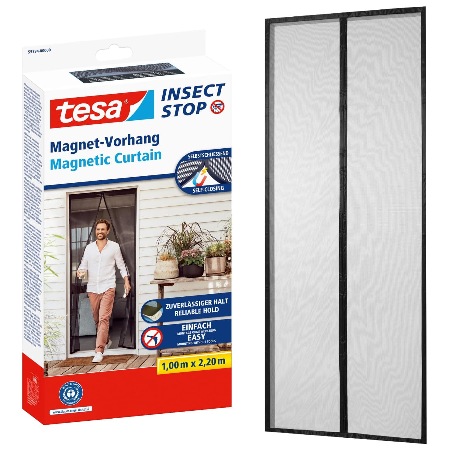 tesa INSECT STOP Magnetvorhang - selbstschließend - Insektenschutzvorhang mit Magneten für Balkon- und Terrassentüren - zur einfachen Montage ohne Bohren - 2,2 m x 1,0 m
