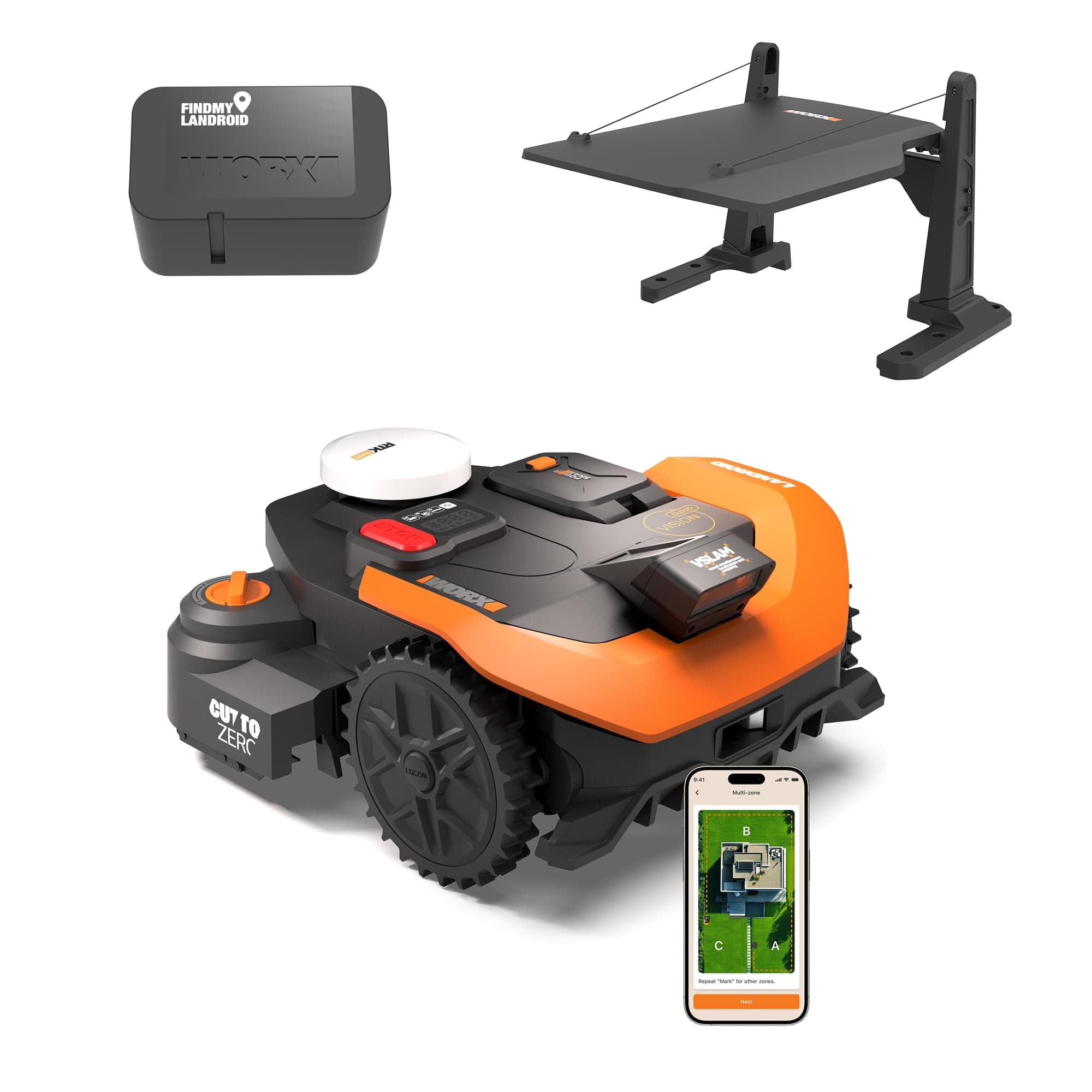 WORX Vision Cloud 2WD WR318E Robot Tondeuse 1800 m² sans Fil périphérique + Garage + Antivol (évitement d'obstacles IA, Navigation VSLAM + RTK Cloud, cartographie Auto, contrôle Via app, Cut-to-Zero)