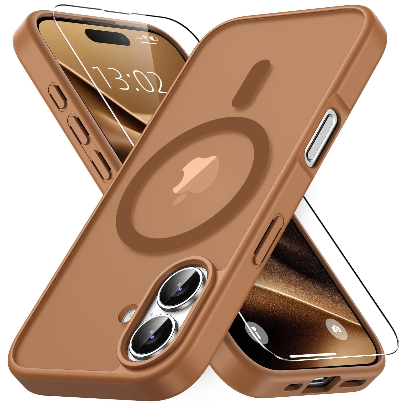 Vansdon Cover Magnetica per iPhone 16 con 1 Pezzi Vetro Temperato, Compatibile con Magsafe, Protezione anticaduta di livello militare, Custodia Traslucida Opaca Sottile Antiurto-Marrone caffè