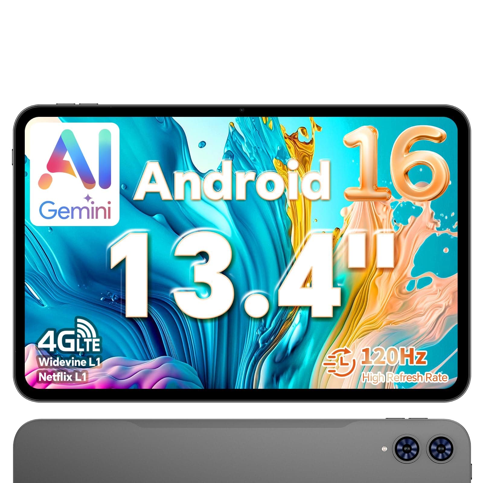 TECLAST T65 Tablette 13.4 Pouces Android 16, Gemini AI, Écran 120Hz, 4G LTE Dual SIM, 26Go RAM, 128Go ROM(TF 4TO), Widevine L1, 8000 mAh, Octa-Core, GPS, Tablette Tactile pour Films