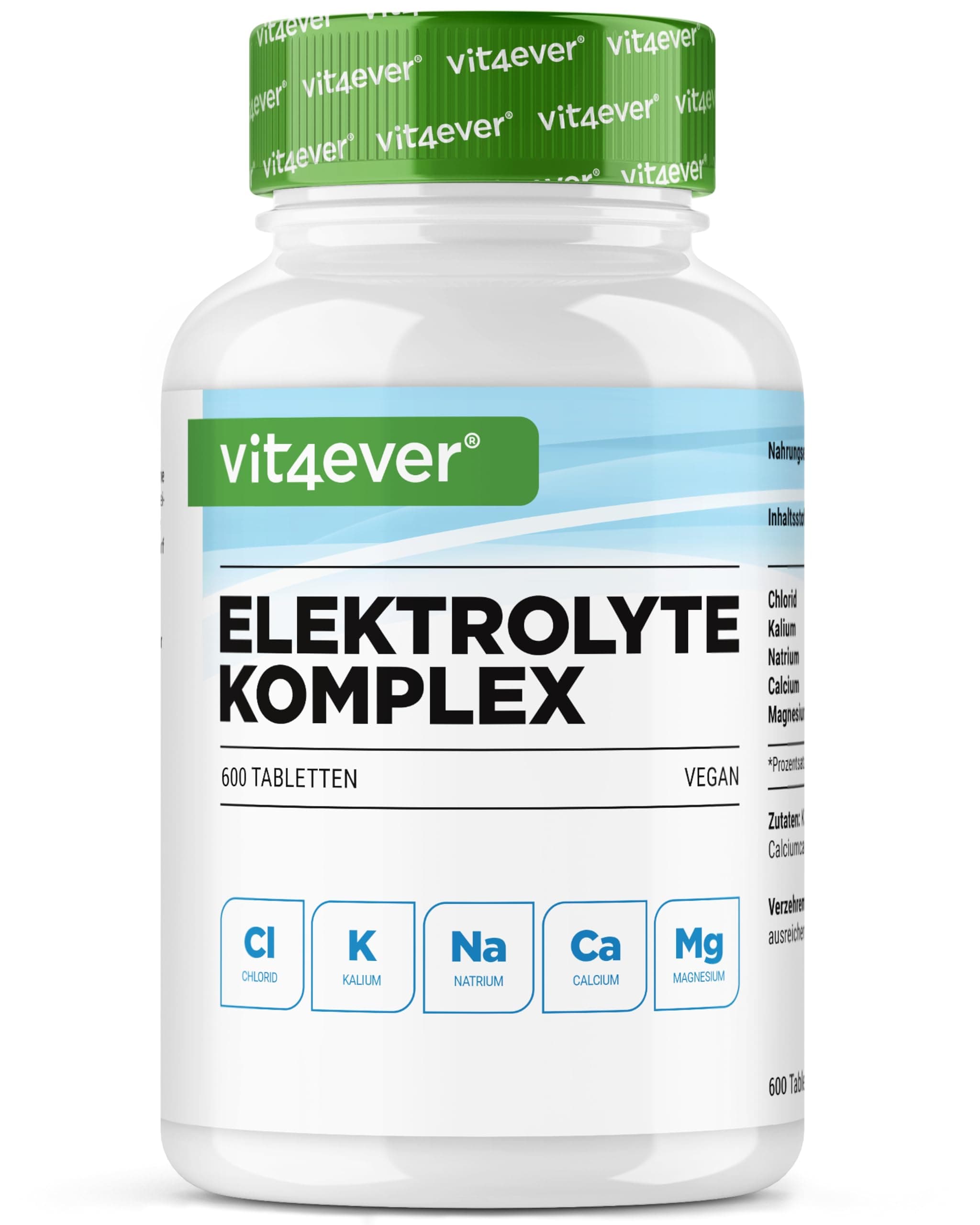 vit4ever Elektrolyte - 600 vegane Tabletten mit Magnesium, Calcium, Kalium, Natrium & Chlorid - zur Unterstützung des Elektrolyt- und Flüssigkeitshaushalts - ideal für Sport, Ausdauer & Keto-Ernährung