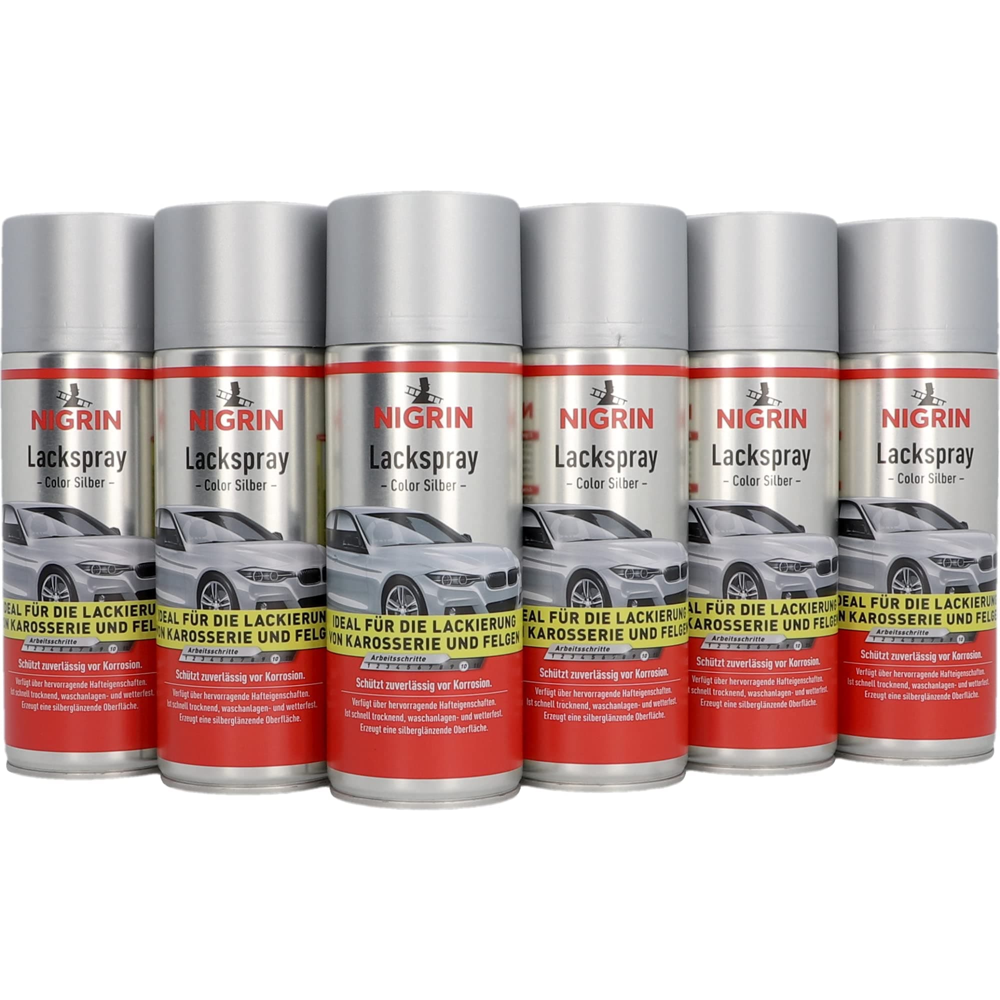 NIGRIN Lackspray, 6 x 400 ml, Autolack Silber, schützt Felgen und Karosserie vor Rost, schnell trocknend