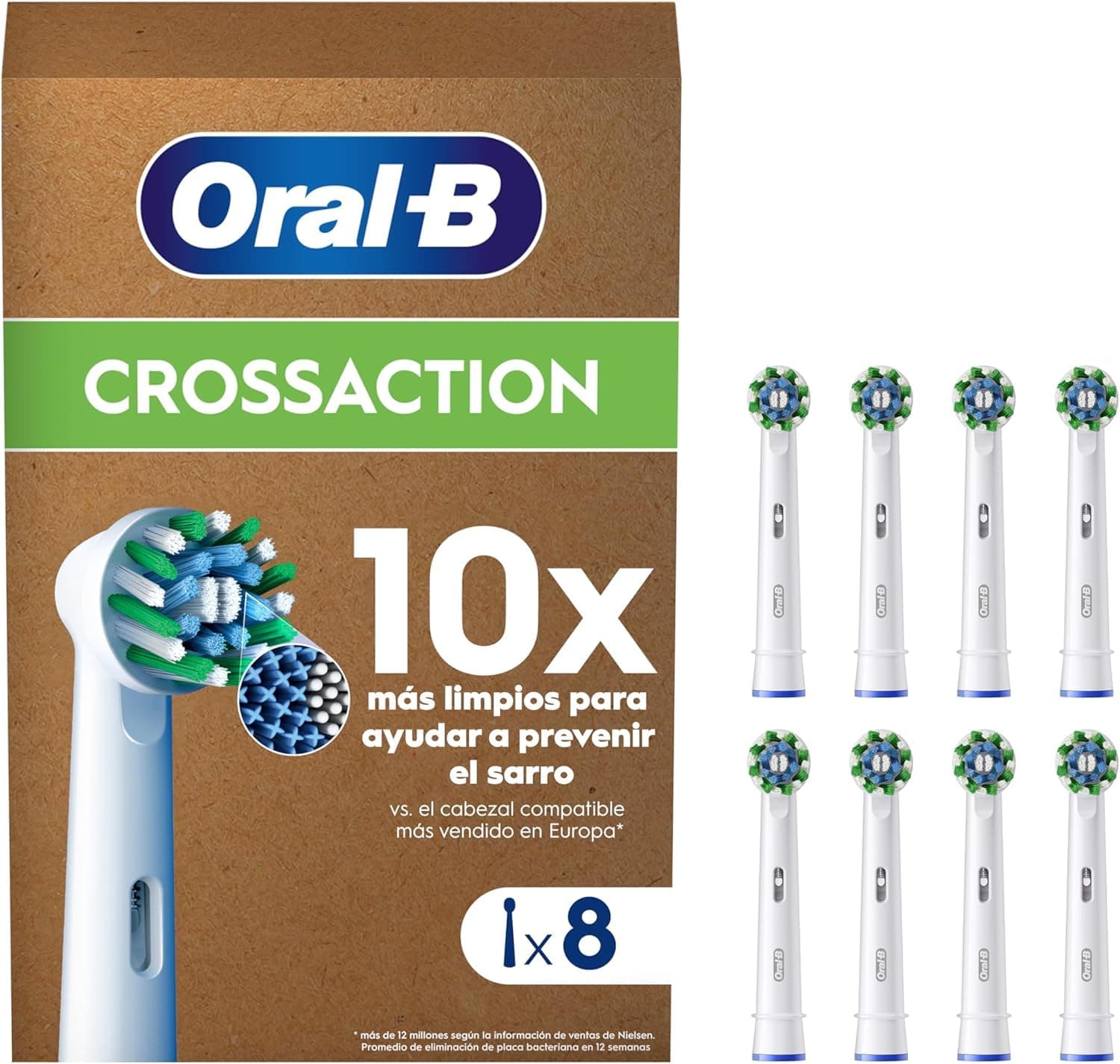 Oral-B Pro CrossAction Cabezales De Recambio ORIGINALES para Cepillo de Dientes Eléctrico Oral-B Pro, Pack de 8 Recambios Con Indicador De Uso, Blanco (Tamaño Buzón)