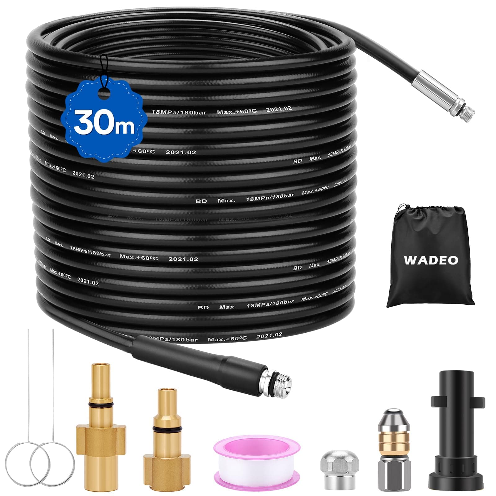 30M Kit de Manguera para Limpiar Tuberías, WADEO Manguera de limpieza de alta presión 200bar 60°C, Juego premium de limpiatubos para Kärcher K-Series (K1-K7), Lavor y Bosch, con adaptador y boquillas