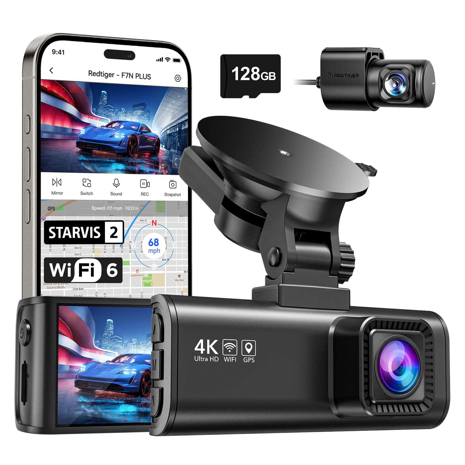 REDTIGER Dashcam 4K/2.5K Delantera y Trasera con STARVIS 2,Pantalla IPS de 3,18 Pulgadas, Tarjeta de 128 GB, WiFi de 5,8 GHz, GPS, WDR Gran Angular de 170°, Admite hasta 256 GB (F7NP)