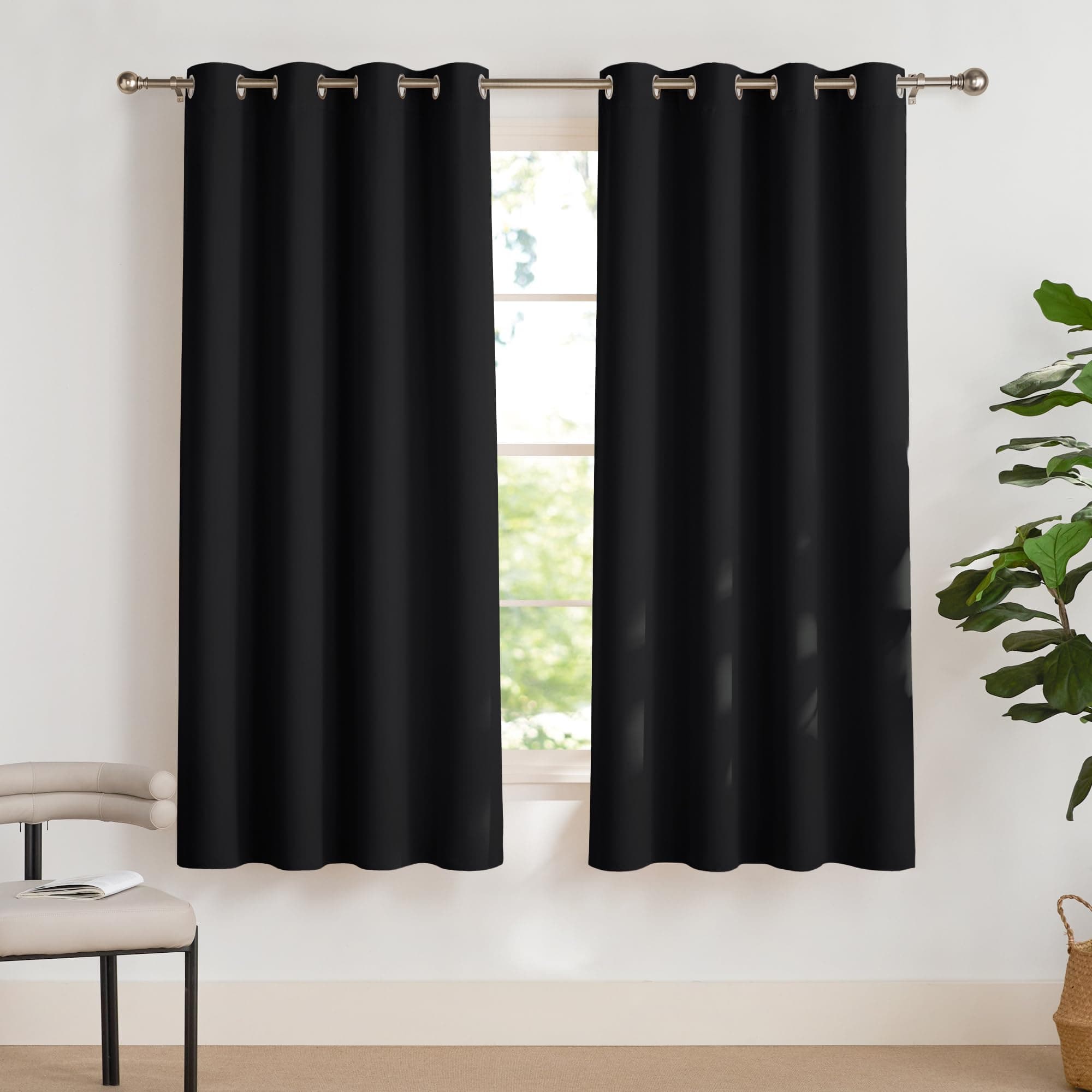 PONY DANCE Tenda Oscurante ad Anelli Corte per Salotto Tende Termiche Isolanti per Finestre Interni Curtains Camera da Letto Moderne 2 Pezzi L 140 x A 160 cm, Nero