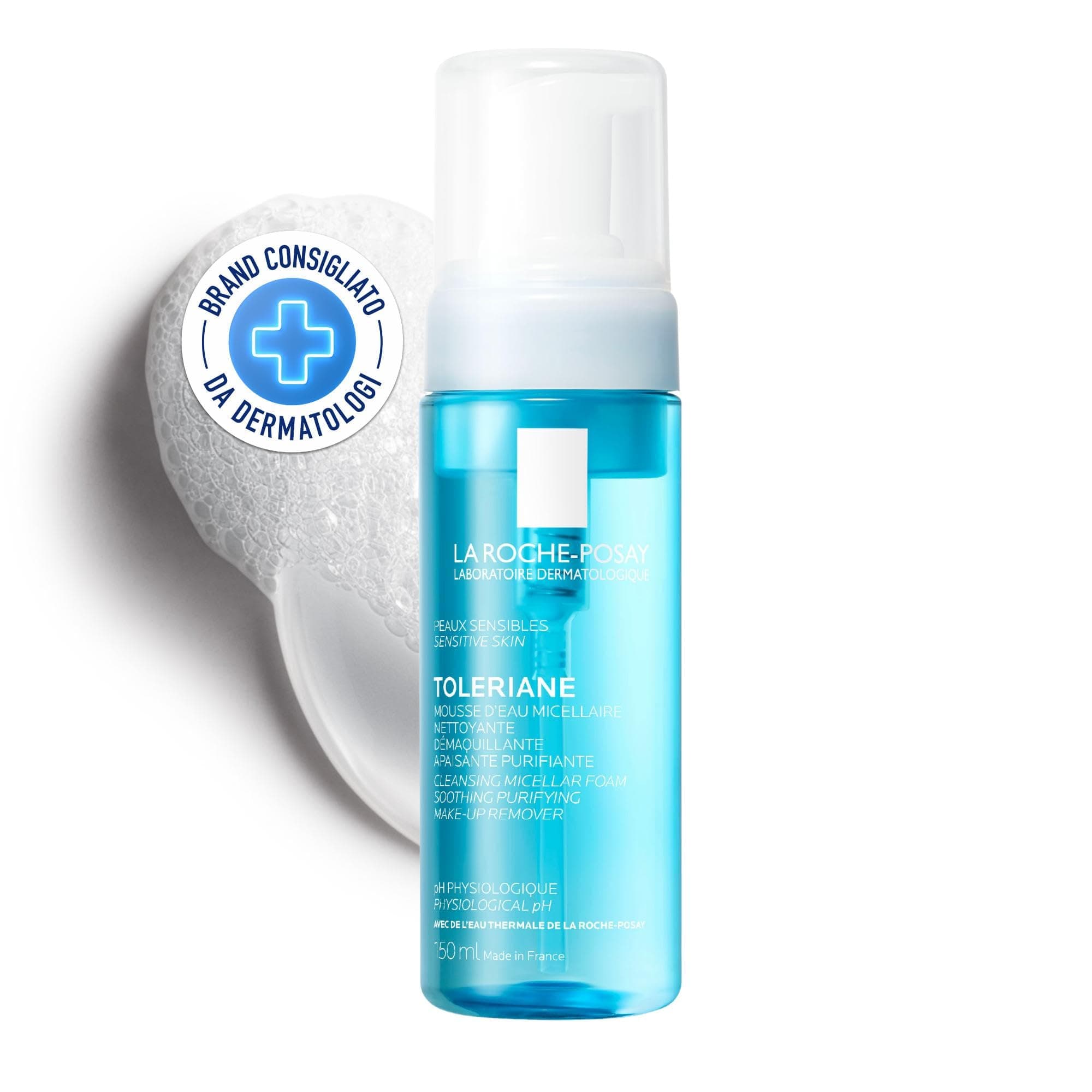 La Roche-Posay Physiologique, Mousse Acqua Micellare Detergente, Per Pelli Sensibili, Pelle Detersa a Fondo e Lenita, Texture Cremosa e Delicata, Con Glicerina e Acqua Termale, 150 ml