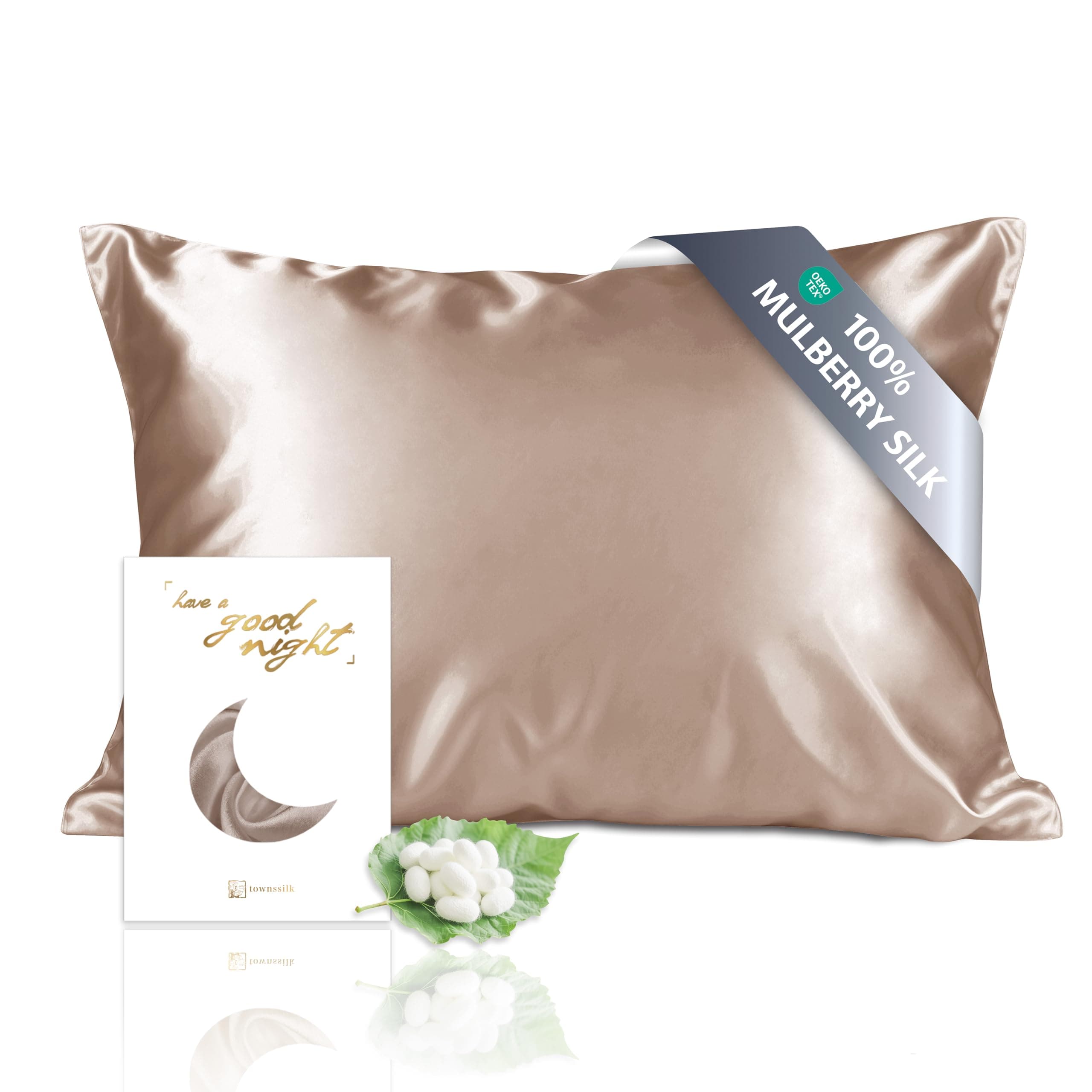 townssilk Federa seta cuscino,100% naturale seta di gelso 19momme,doppia faccia,benefica per capelli e pelle,ipoallergenica,cerniera nascosta,1 pz,50x75cm,Lightbronze