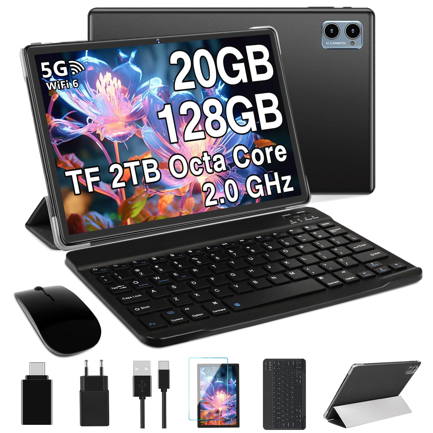 2026 Tablet Gemini AI 10 Pulgadas, Tablets Android , 20GB RAM+128GB ROM/TF 2TB, Octa-Core, WiFi 6, BT5.0, Batería 6000mAh, 8MP+5MP, Widevine L1, Type-C, Tablet PC con Funda, Teclado y Ratón - Negro