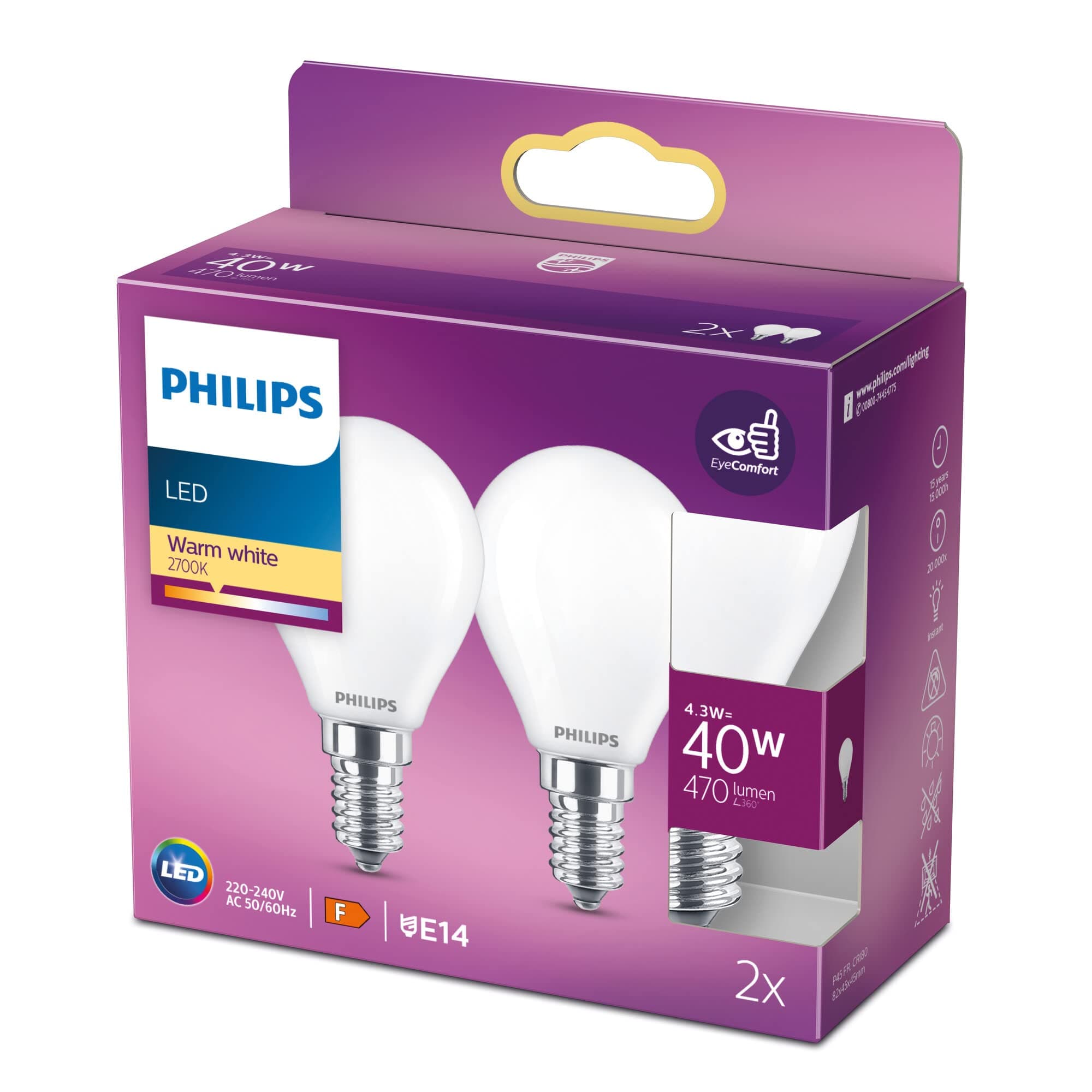 Philips LED Classic E14 Lampen 2er Pack (40 W), matte LED Lampen mit warmweißem Licht, energiesparende LED Beleuchtung mit langer Nutzlebensdauer, weiß, Weiss/Opulenter Garten