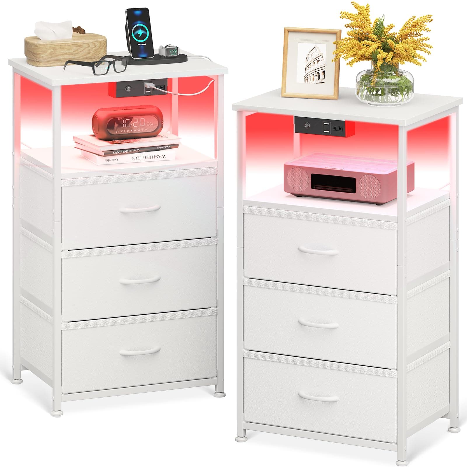 Coleshome Mesitas de Noche Pack 2 Blanco, con Enchufe, 2 Puertos USB y Tira de Luces LED, Mesillas de Noche Dormitorio con 3 Cajones de Tela y 2 Espacio de Almacenamiento, 40 x 30 x 70 cm, 2 Paquete