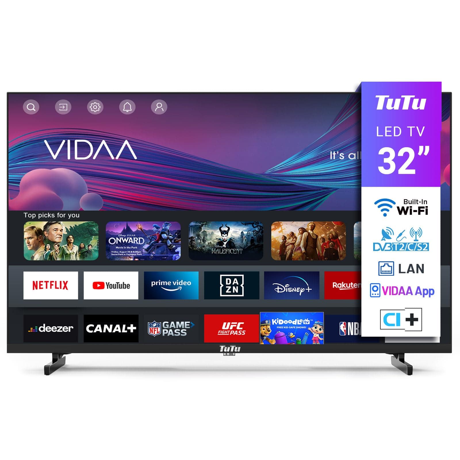 TuTu Smart TV 32 Pouces (80 cm) WiFi VIDAA Connectée Télévision sans Bord avec Triple Tuner(DVB-C/S2/-T2), VIDAA Remote App, Molotov, Netflix, Prime Video, Disney+, Youtube (TUV32HQ1B, 2024)