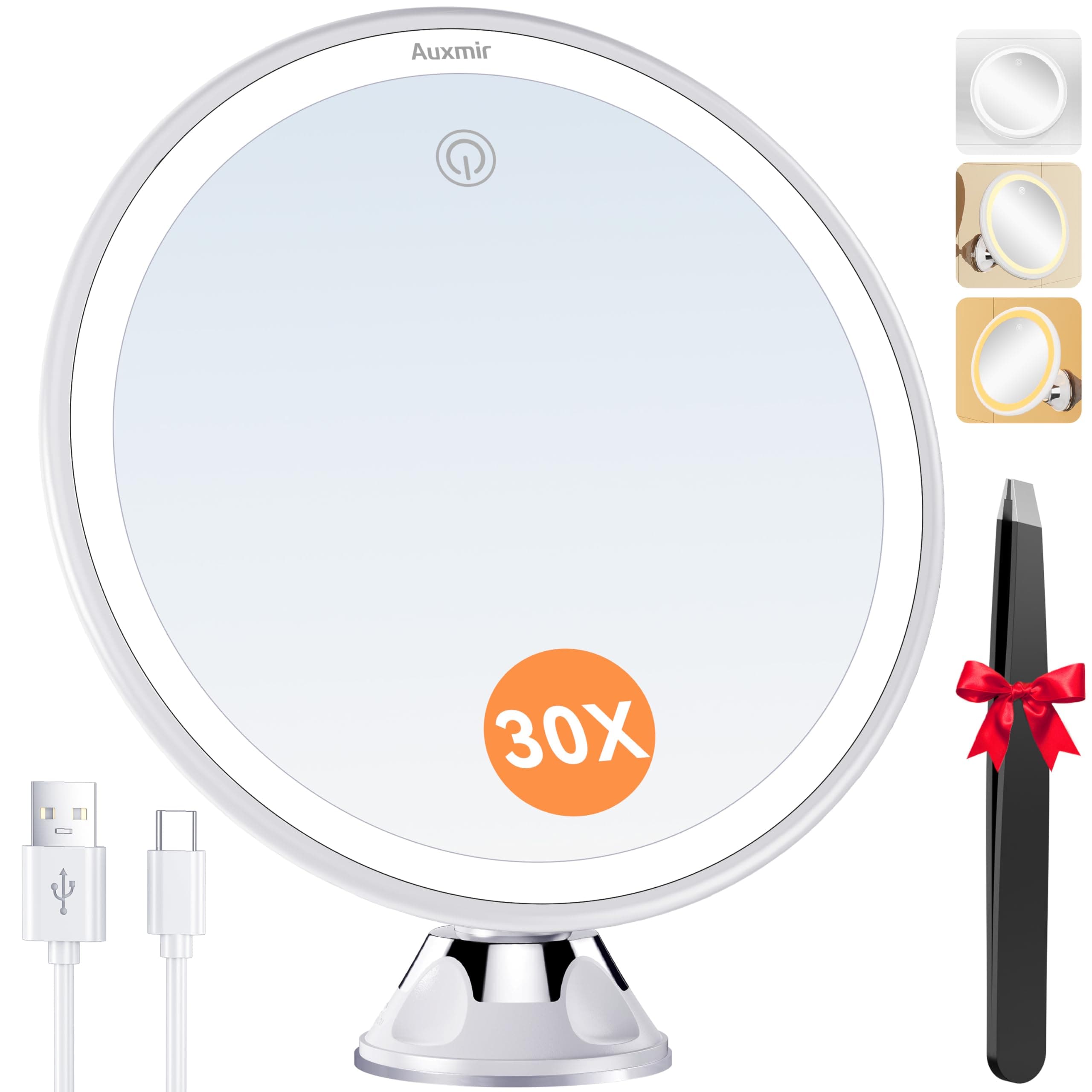 Auxmir Specchio Ingranditore 30X, Specchio Trucco a 3 Colori d’Illuminazione, Luminosità Regolabile, Specchio Cosmetico a Ventosa con Giunto Sferico Orientabile Rotazione a 360°, Ricaricabile