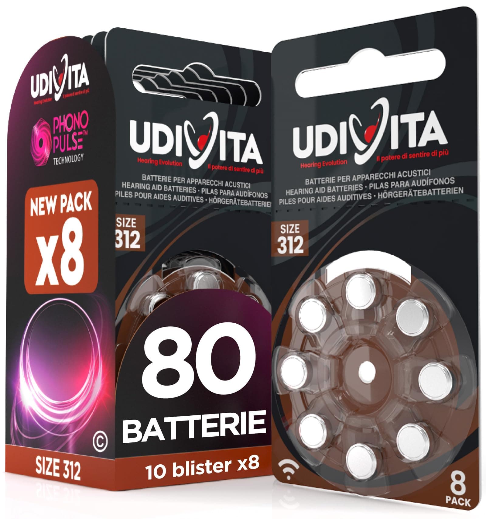 80 Batterie Per Apparecchi Acustici Auricolari Udivita Misura 312 PR41 (Marroni) - 10 Blister da 8 Pile