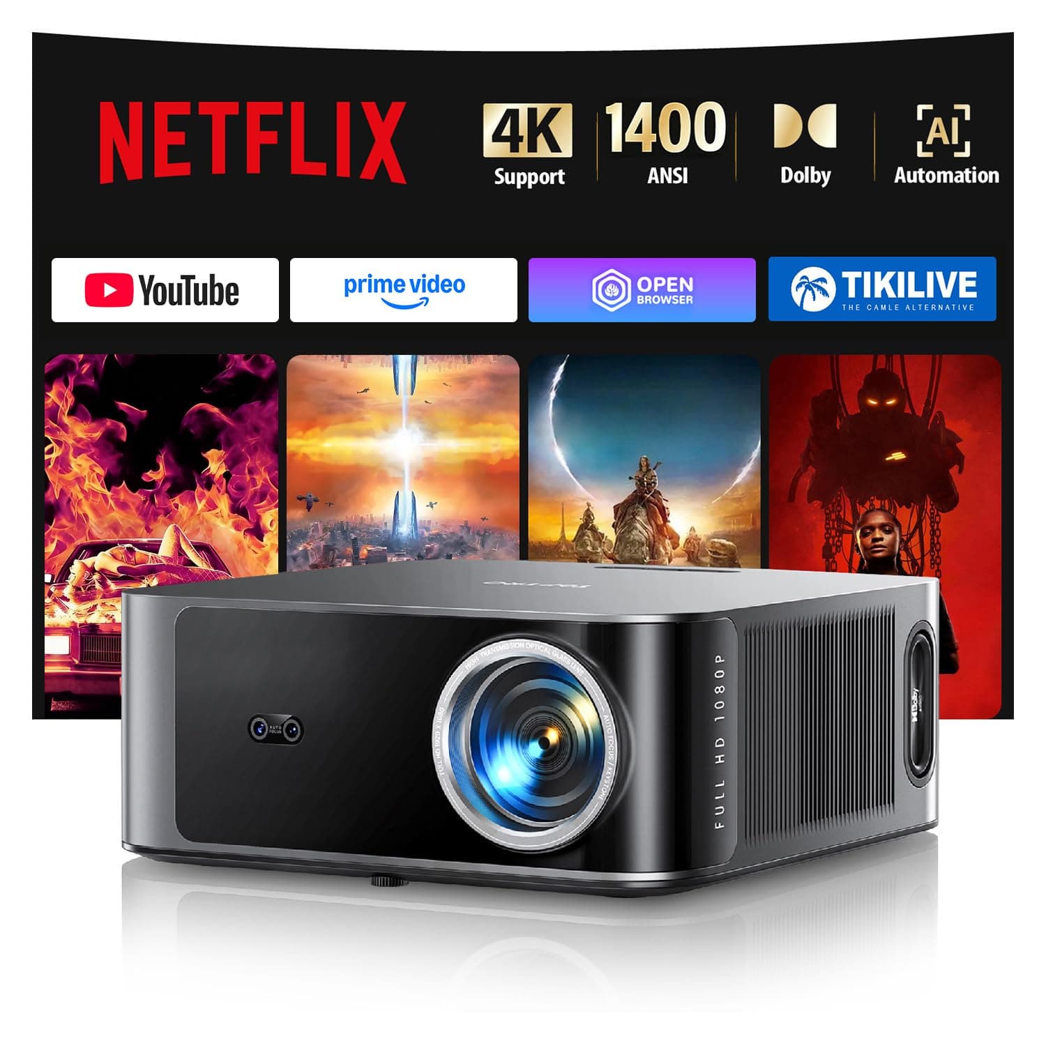 Proyector【1400 ANSI/App Oficial Integrada/36W Dolby】Smart Proyector 4K Compatible con Netflix AI Auto Focus/Keystone, Proyector1080P Nativo WiFi6 Bluetooth5.2 Zoom 50% Cine en Casa/Exterior para Movil