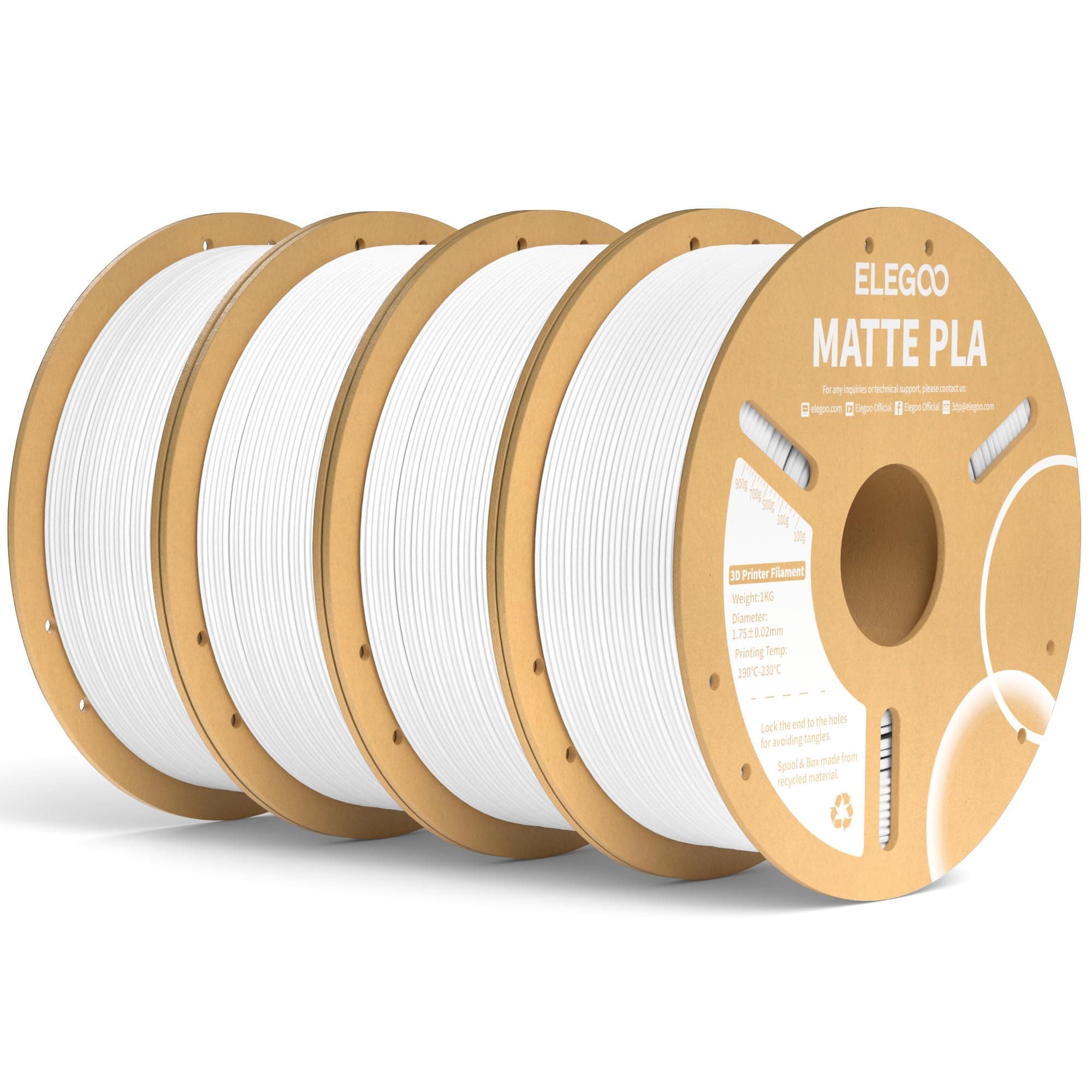 ELEGOO Filament PLA 4KG, 1.75mm Filament pour Imprimante 3D Précision Dimensionnelle +/- 0.02mm, Bobine de 1kg de carton (2.2lbs) pour la plupart des Imprimantes 3D FDM Blanc