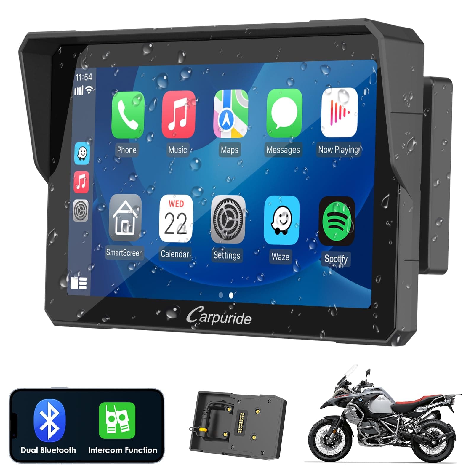 Carpuride W702B Pro Motocicleta Carplay Pantalla con Soporte para BMW Moto, Inalámbrico CarPlay y Android Auto, 7” Impermeable Táctil Pantalla, Dual Bluetooth, Intercomunicador Función, Navegación.