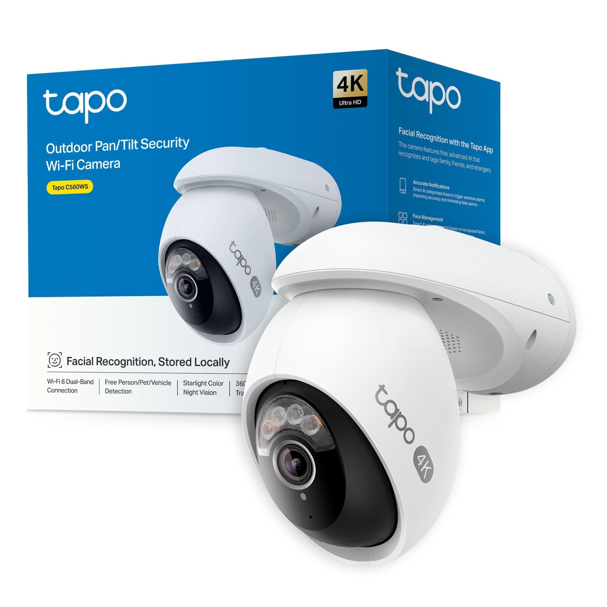Tapo C560WS, Cámara de Seguridad Exterior Wi‑Fi 6 4K 8 MP, Pan/Tilt 360° AI, Visión Nocturna Color Starlight, Reconocimiento Facial, Zoom Digital 18×, Alarma Luz/Sonido, IP66, Audio Bidireccional