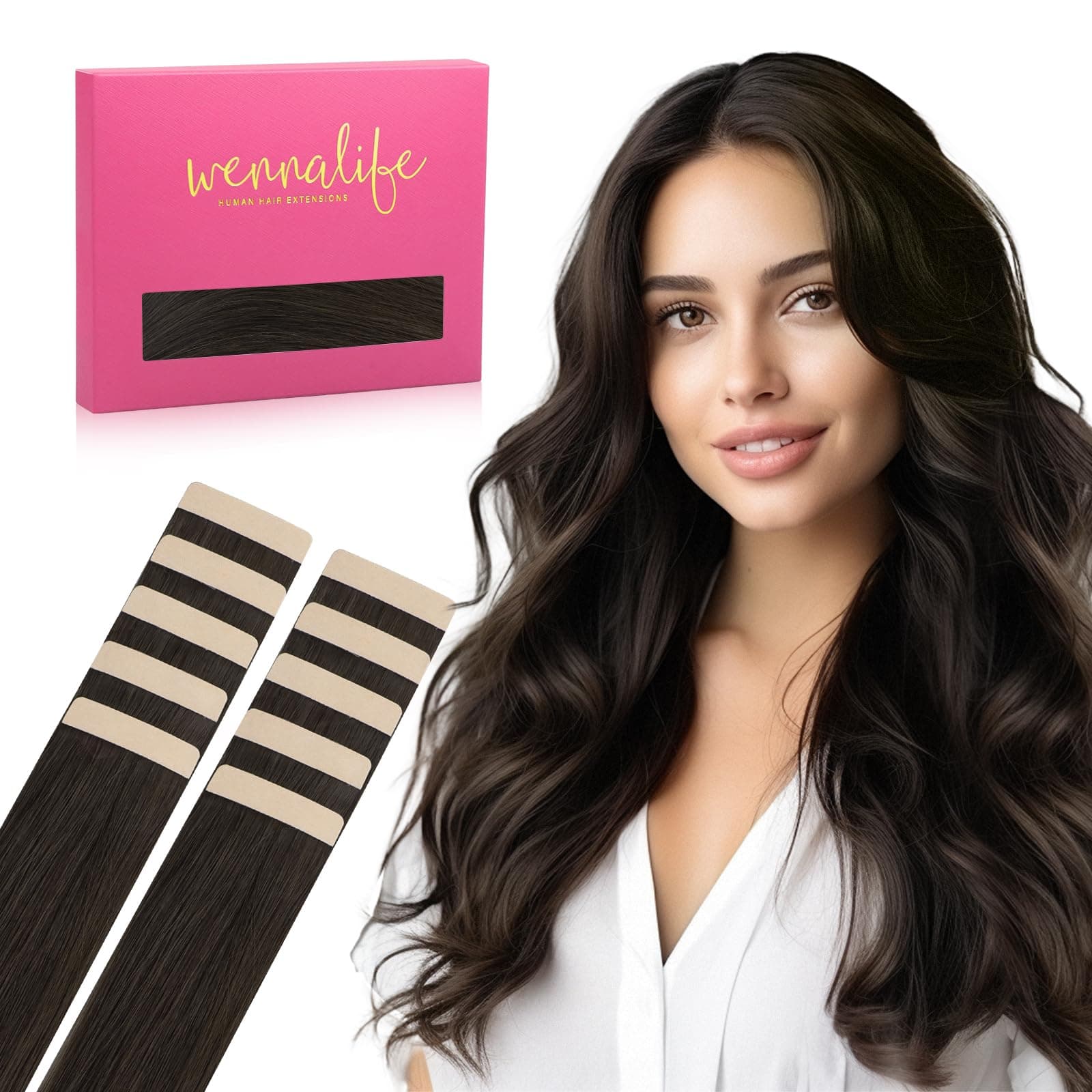 WENNALIFE Extension Capelli Veri Biadesivo, 10pz 45cm 25g Marrone Scuro Extension Biadesive Capelli Veri Lisci Remy Tape in Hair Extensions Capelli Setosi Solo per L'aggiunta di Colori