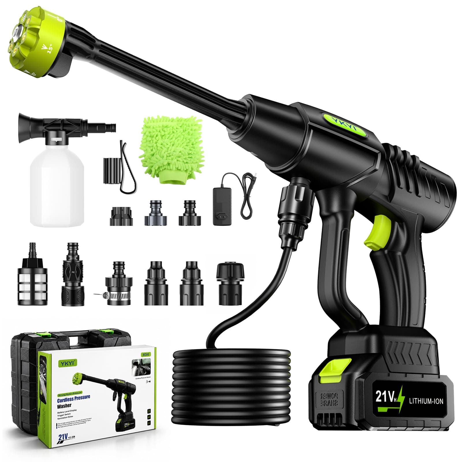 YKYI Nettoyeur Haute Pression sans Fil - 1200 PSI Batterie 4.0Ah | Tuyau 7m, Buse 6-en-1, Pistolet Nettoyeur Haute Pression Portable pour Voiture, Terrasse, Jardin et Mobilier Extérieur