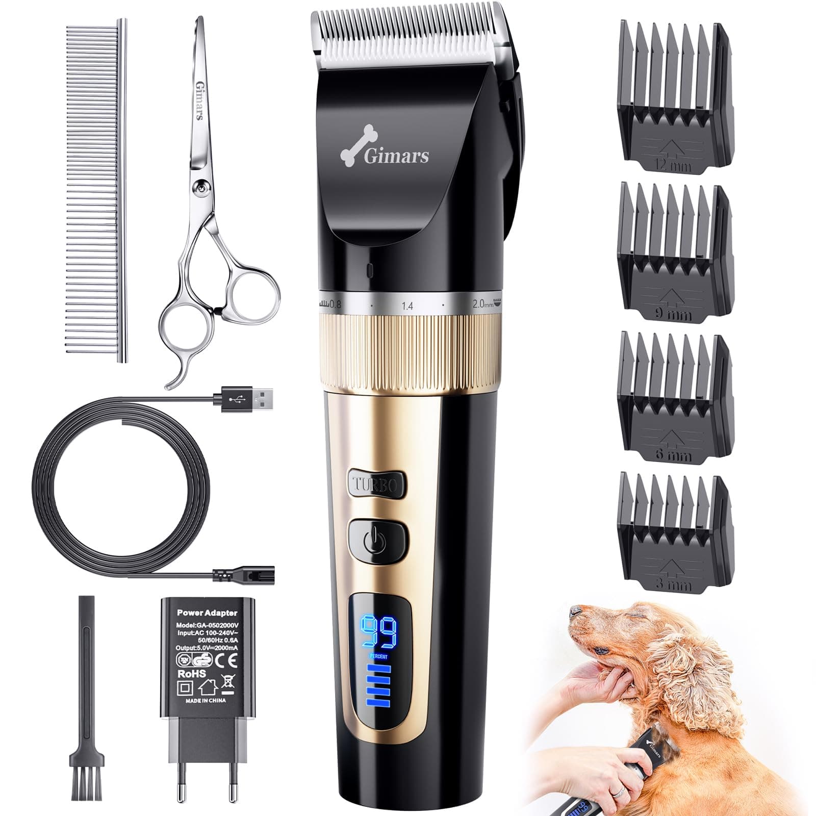 Gimars 3 en 1 Tondeuse Chien Professionnelle 4 Vitesses 7000 RPM, Tondeuse pour Chien Poil Long Epais Silencieuse, Animaux Rechargeable Sans Fil pour Chats et Chiens