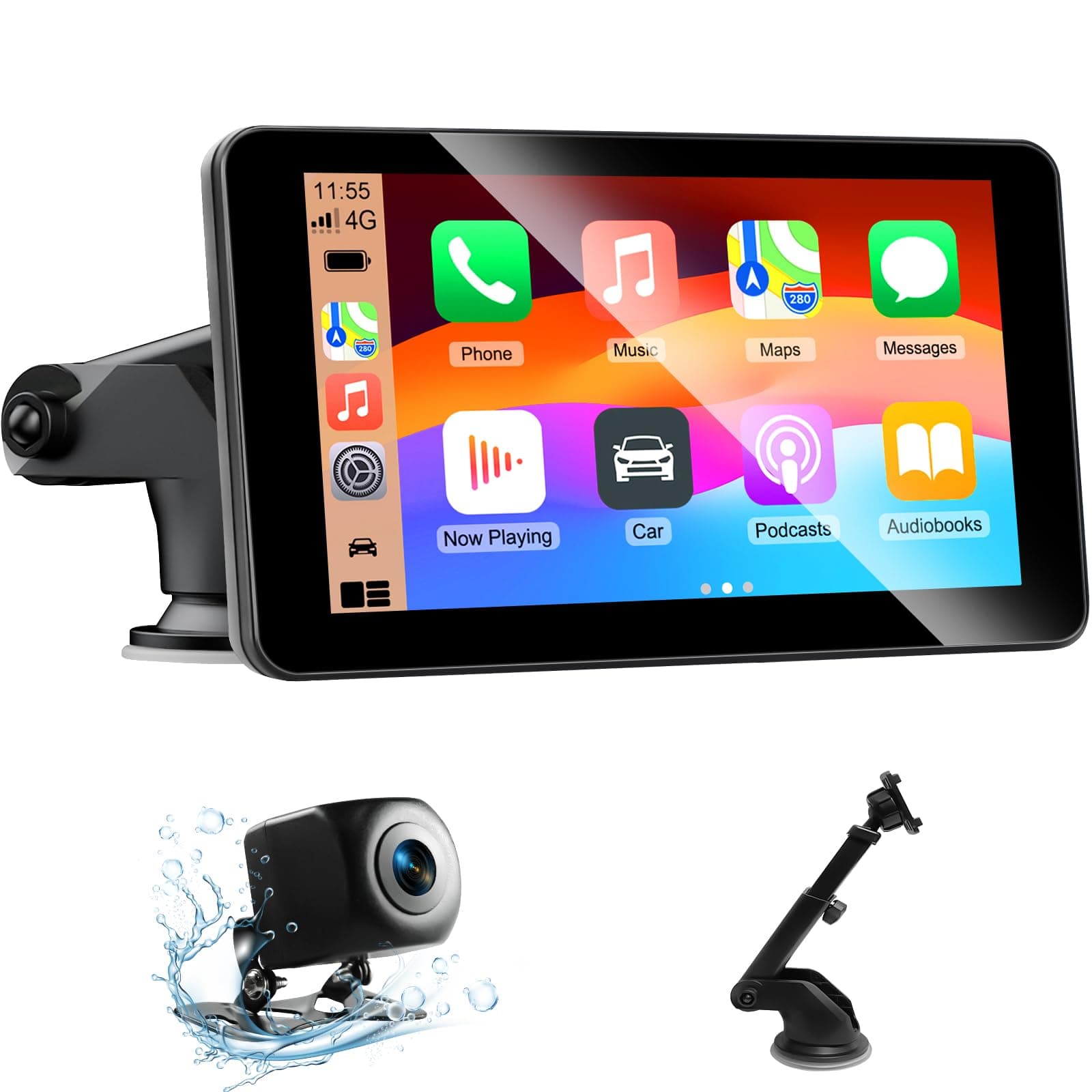 7 Pulgadas Táctil Pantalla con cámara retrovisora, para Coche con Carplay Android Auto Inalámbrica, Enlace Espejo, Navegación, Siri, FM, AUX, Bluetooth 5.2,Airplay, Lectura de vídeo, Navegación GPS