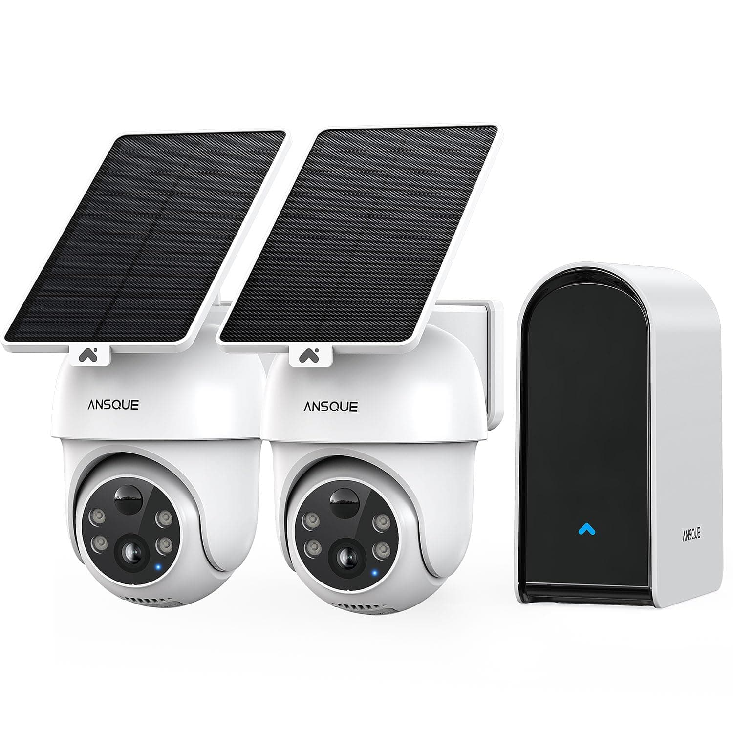 ANSQUE 2K Camera Surveillance WiFi Exterieure sans Fil Solaire à Batterie, Kit 2 Caméras avec Station de Base, Zéro Frais, PTZ 360°, Suivi Automatique, Vision Nocturne en Couleur, Alarme Lumière/Son