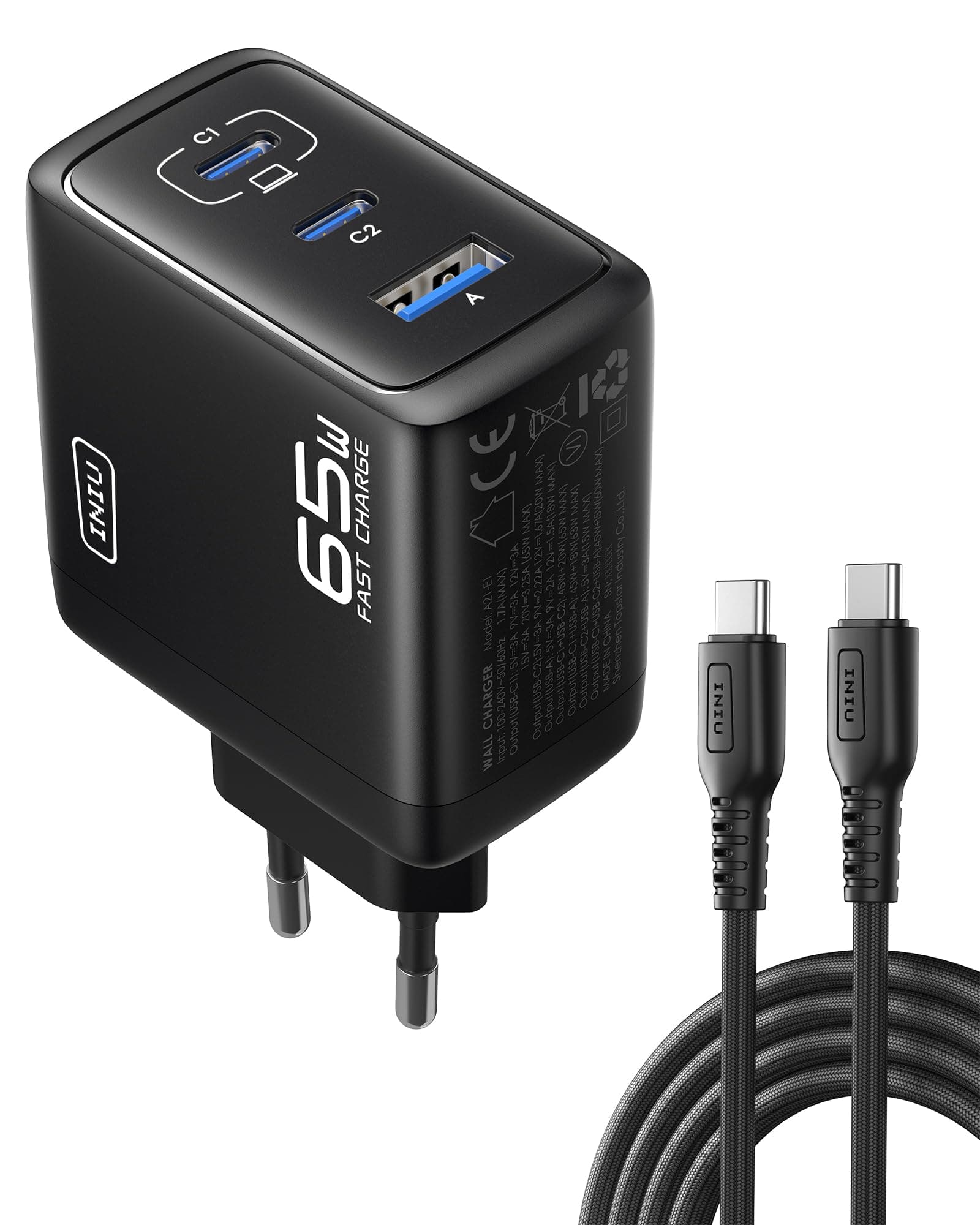 INIU 65W USB C Ladegerät, 3-in-1 Schnellladegerät mit 100W USB C Kabel, GaN PD Netzteil Mehrfach Adapter für iPhone 17 16 15 Pro Max, MacBook Air iPad Pro, Samsung S25 S24 S23 Ultra, Pixel 9 8, Xiaomi