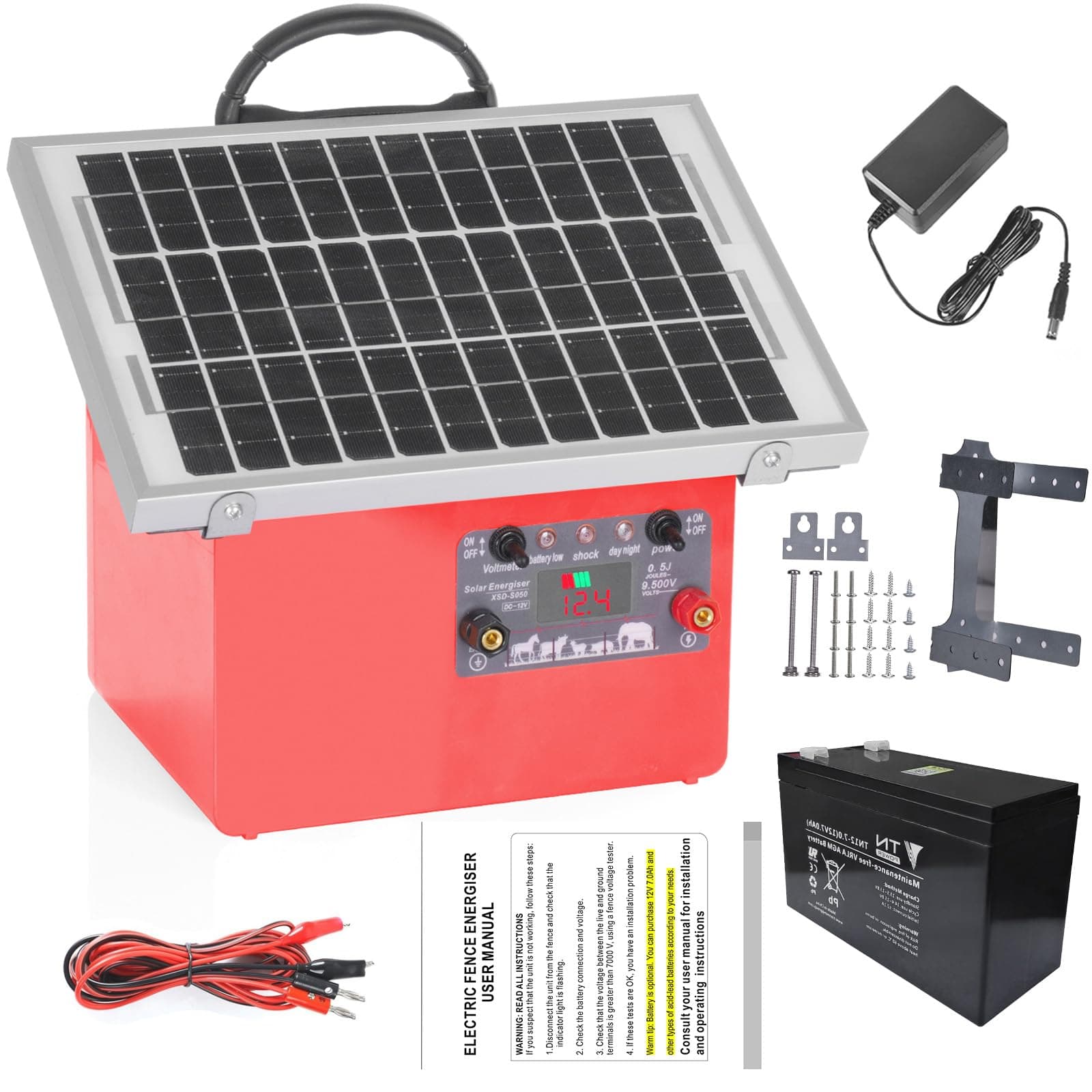 FarmNix 32 KM ClôTure éLectrique Solaire, Pour Animaux de bétail de 0.5J / 9.5kv avec Panneau Solaire de 7.5W 12V 7Ah, alimentation électrique de clôture de branchement pour la faune, ferme, volaille