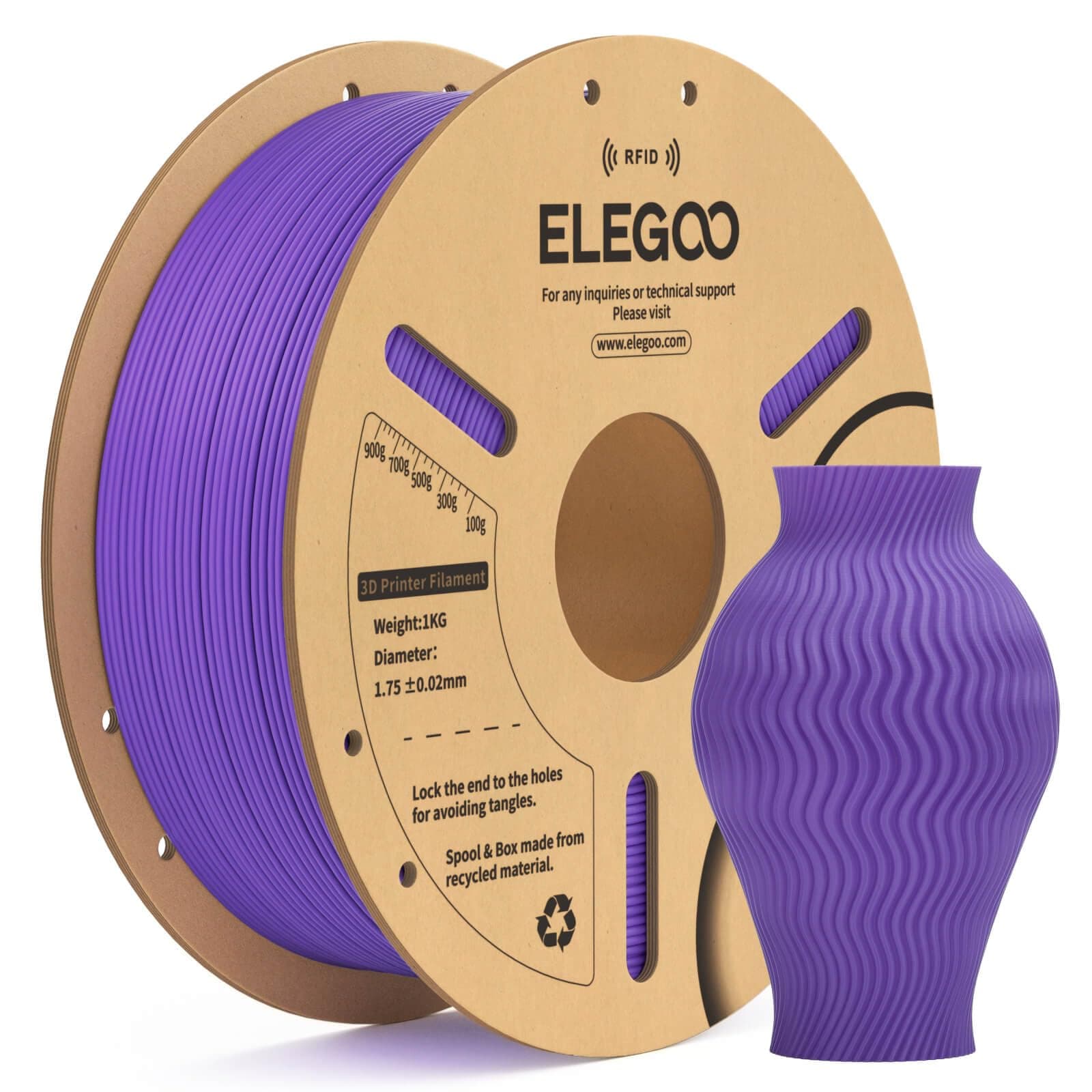ELEGOO RFID Filamento PLA 1.75mm Morado 1KG, Filamento para Impresora 3D, Precisión Dimensional +/- 0.02mm, Carrete Filamento 3D, para Mayoría Impresoras 3D